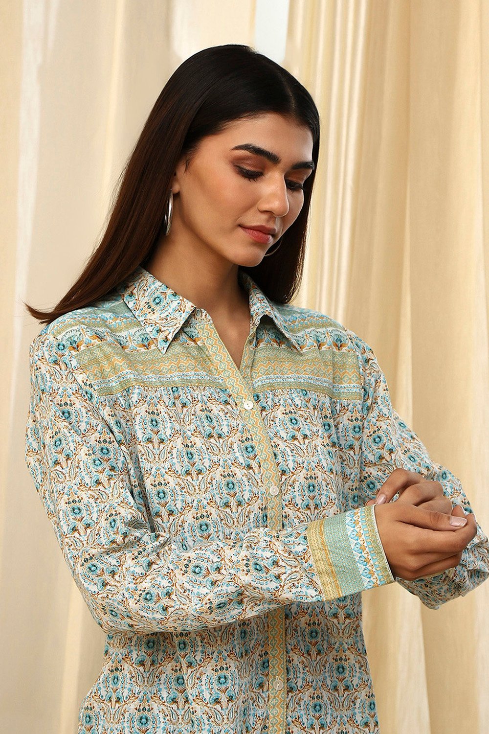 Blue Cotton Printed Straight Shirt image number 1