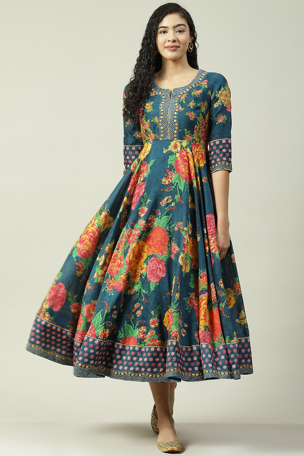 Red Cotton Flared Fusion Printed Dress image number 0