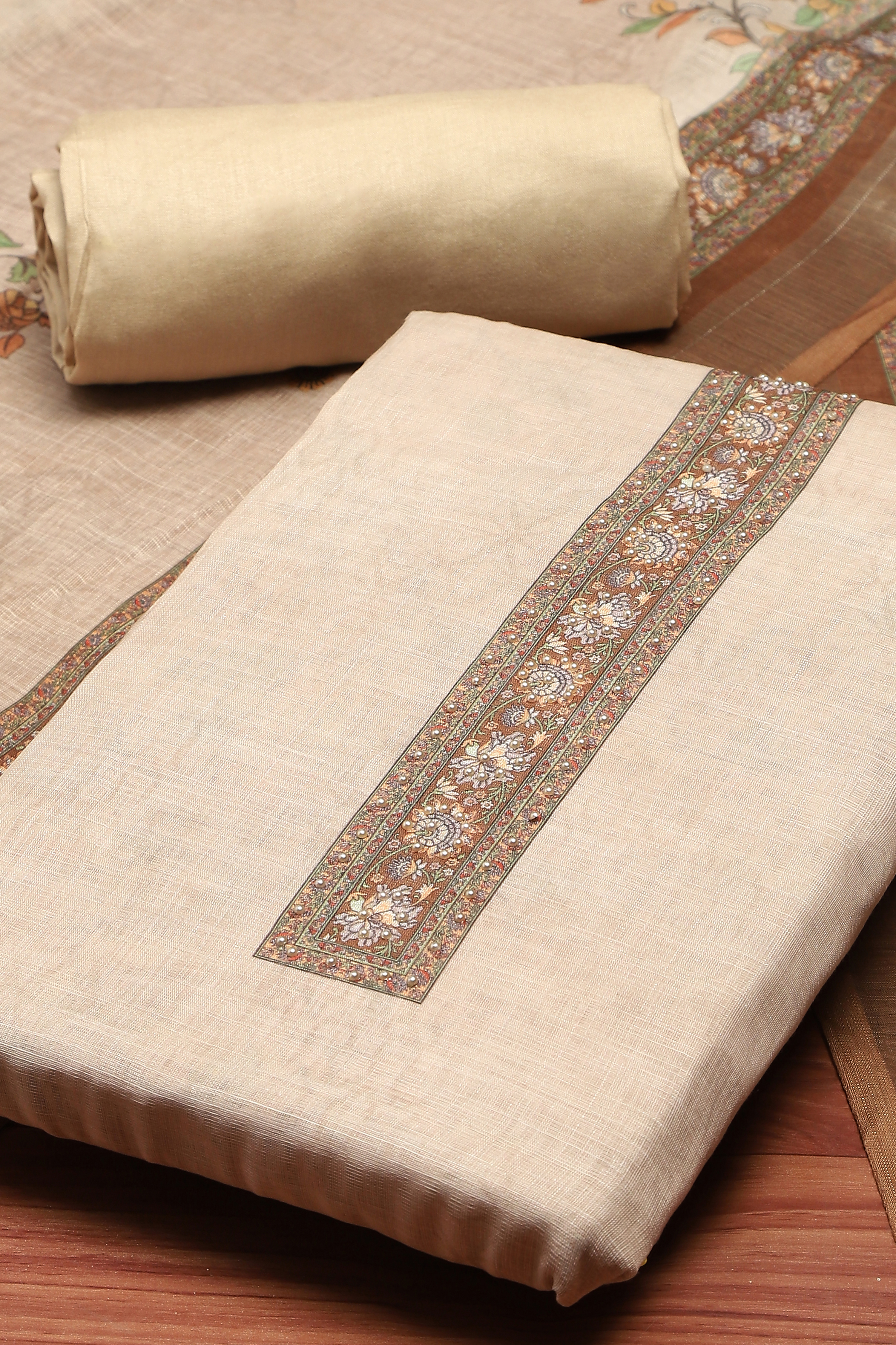 Peach Chanderi  Neck Patti Unstitched Suit Set image number 1