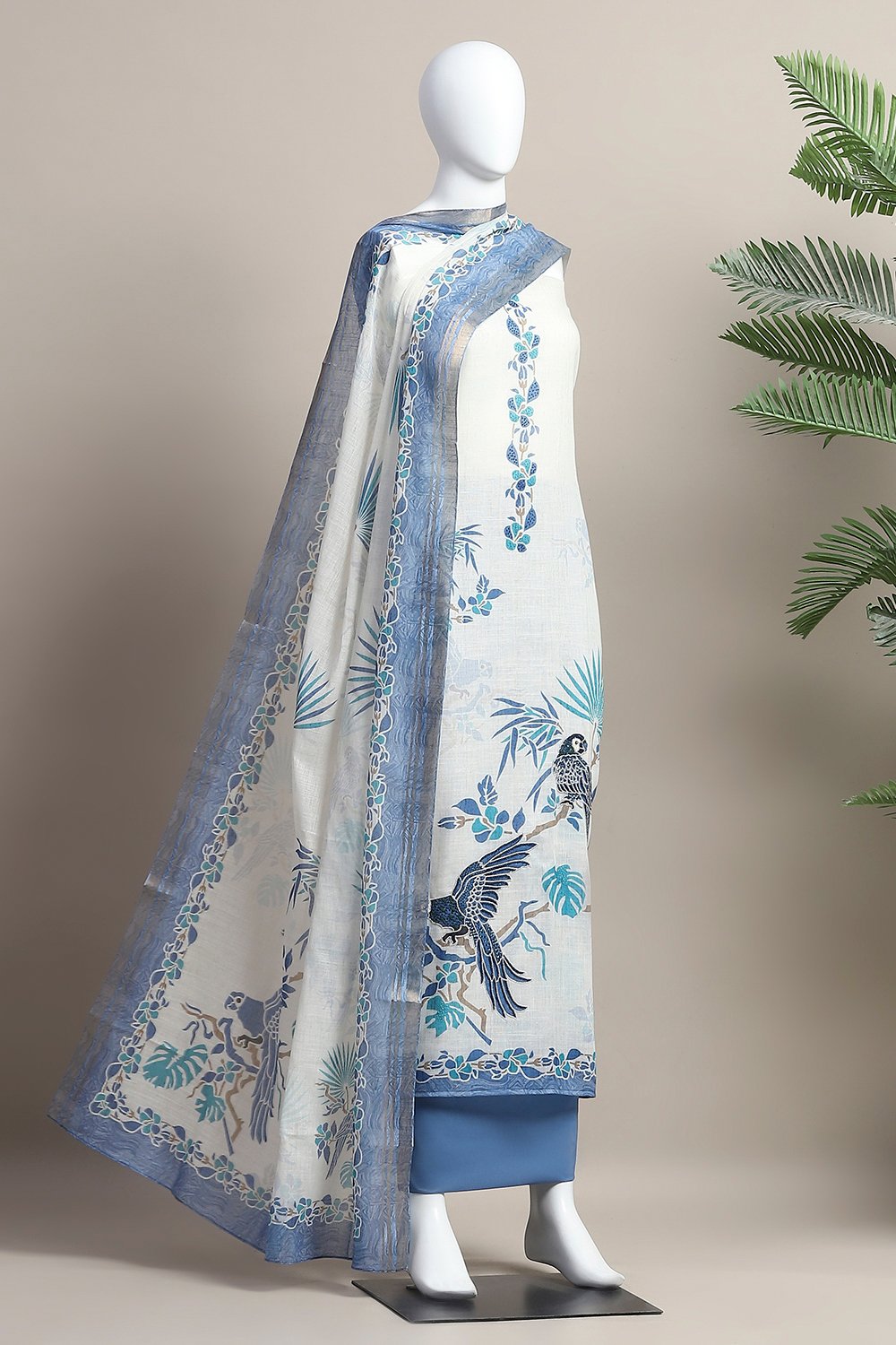 Blue Linen Unstitched Suit Set image number 4