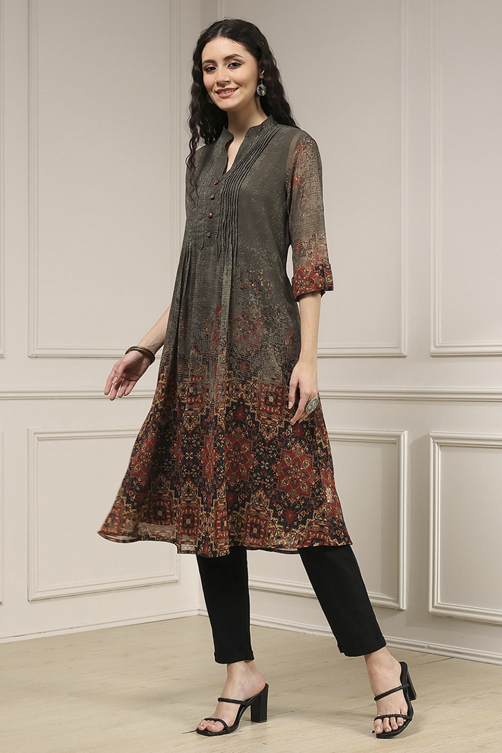 Charcoal-Rust Polyester Straight Printed Kurta image number 2