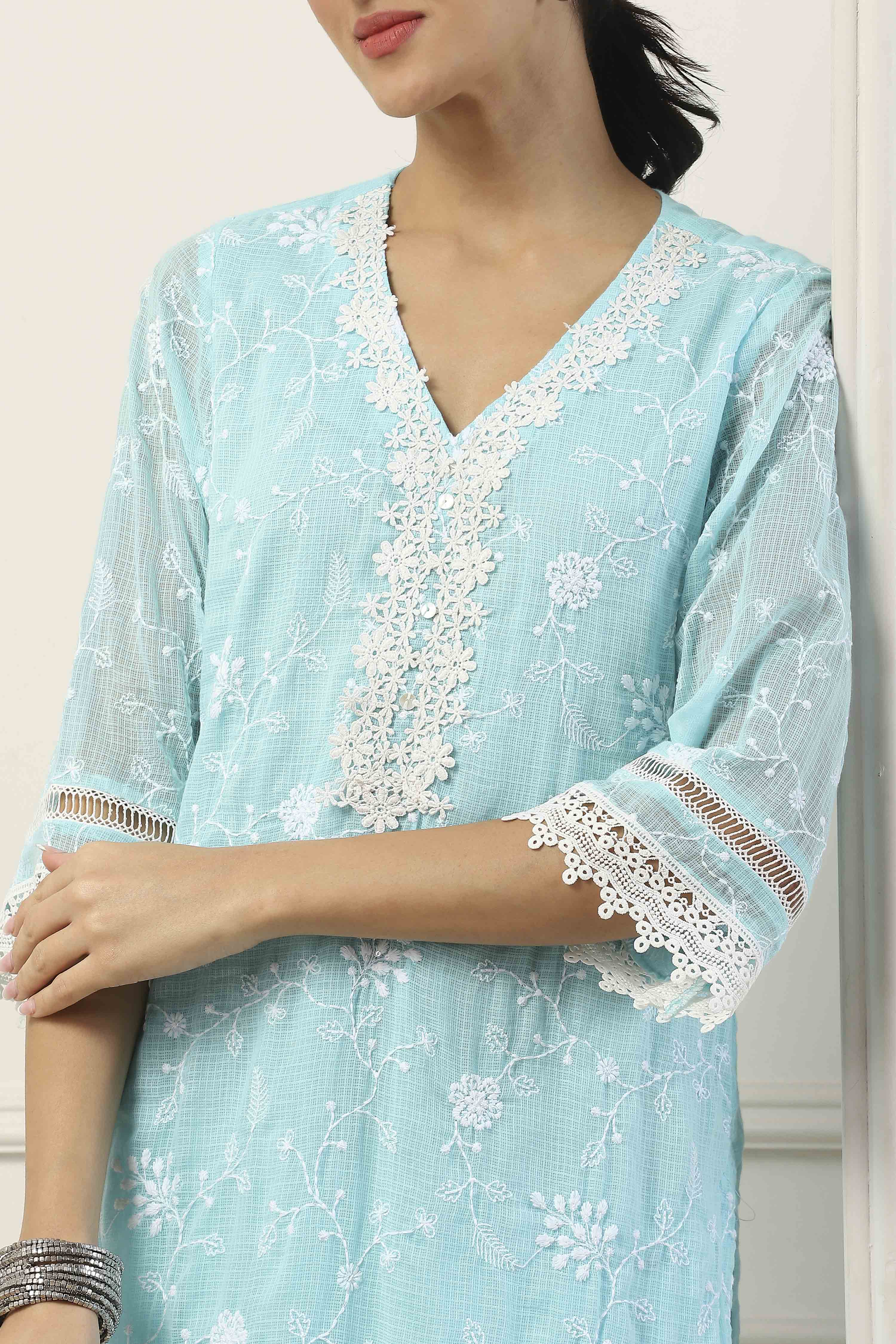Sky Blue Cotton Floral Embroidered Straight Suit Set image number 1