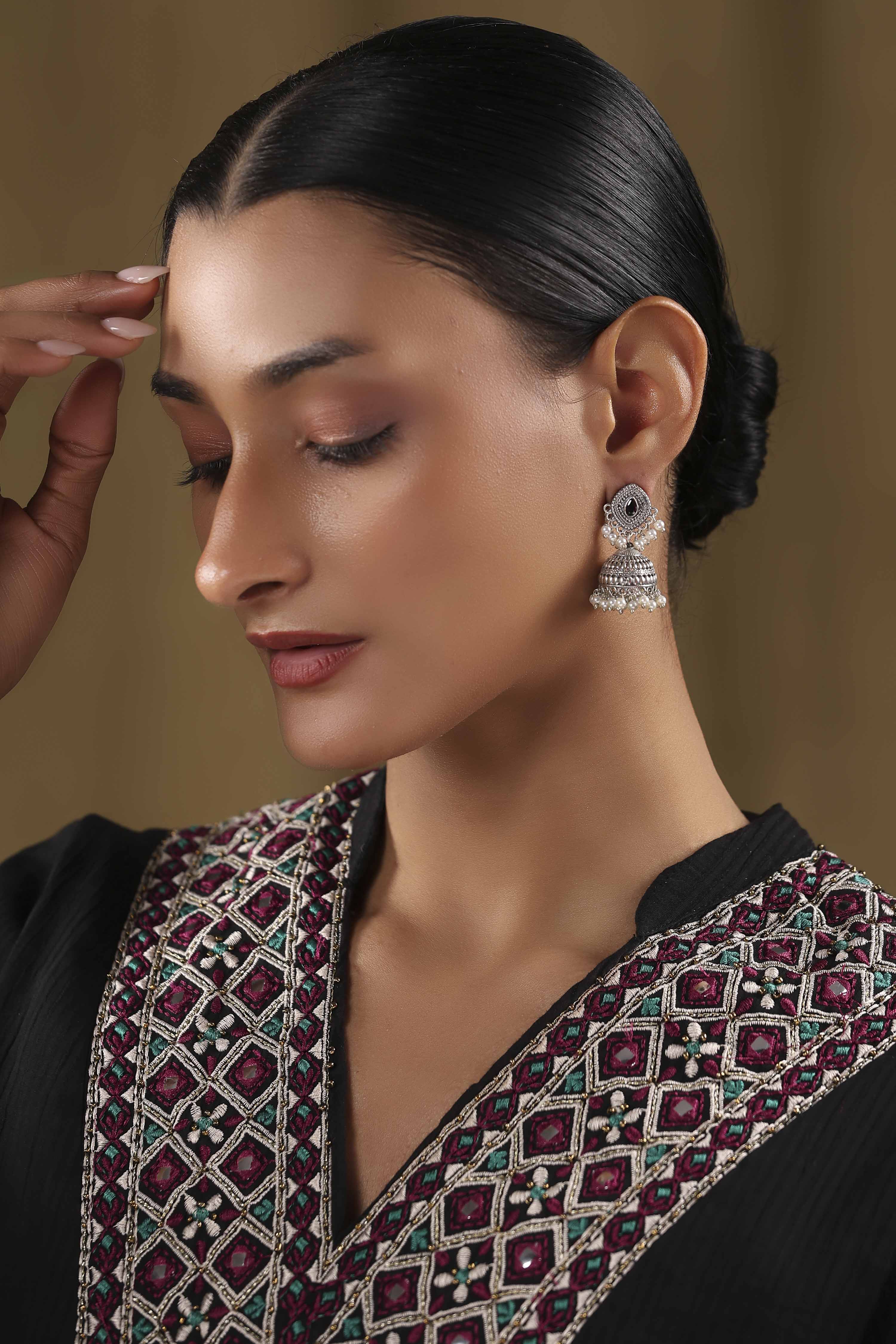 Black Oxidised Brass Studded Jhumkas image number 3