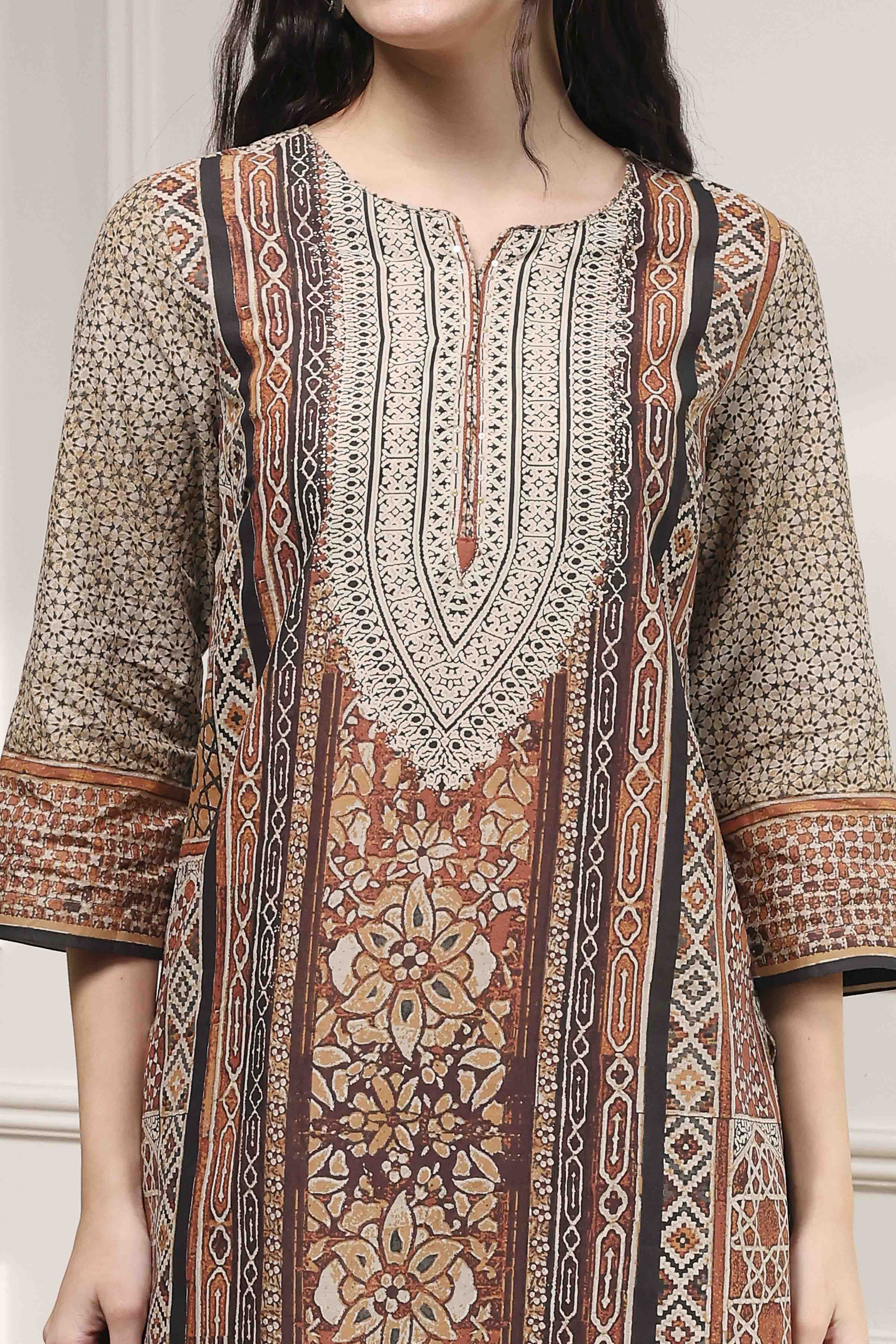 Brown Cotton Printed Straight Suit Set image number 1