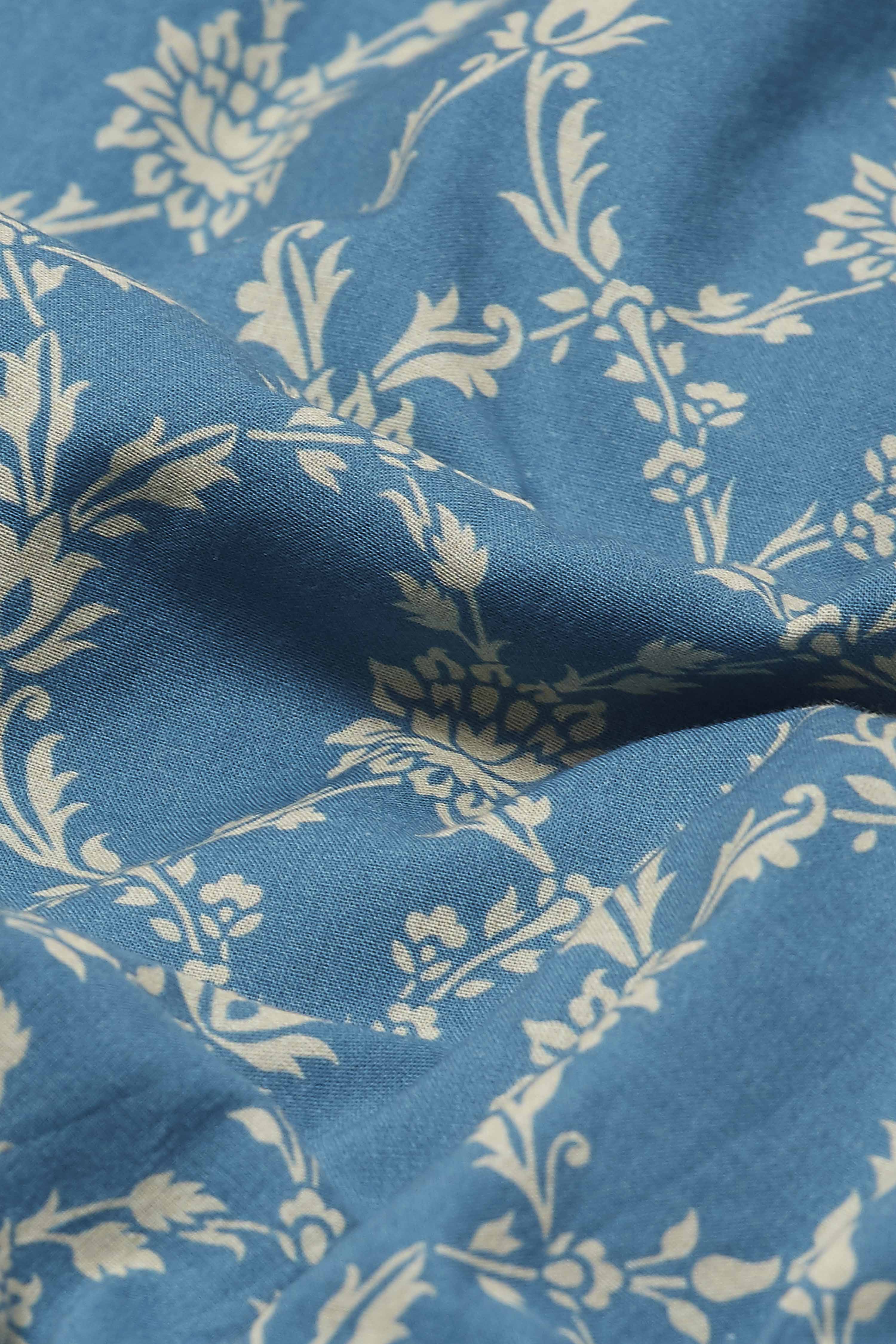 Teal Blue Cotton Floral Printed Straight Kurta image number 2