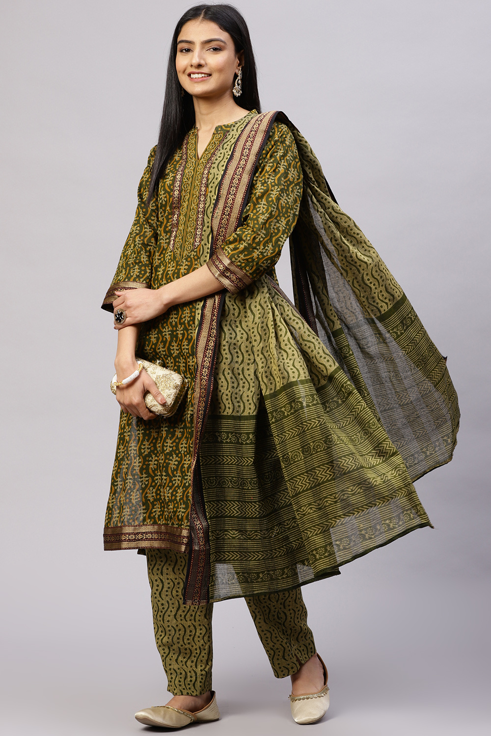 Olive Cotton Woven Unstitched Suit Set image number 7