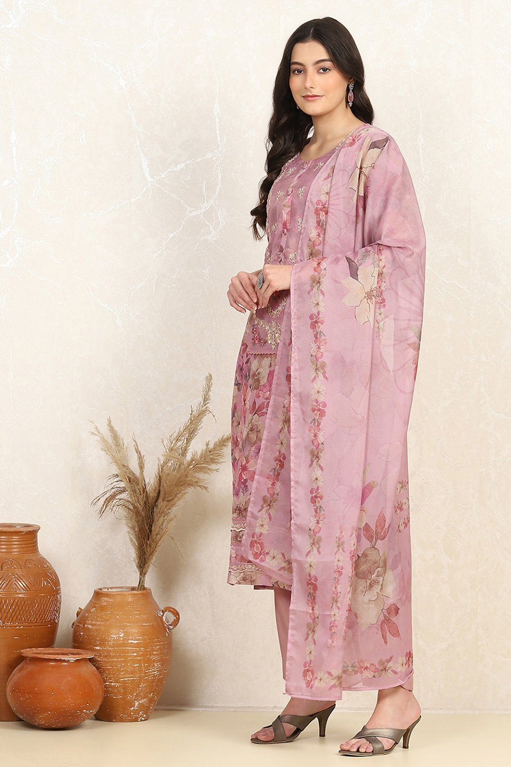 Purple Muslin Unstitched Suit Set image number 4