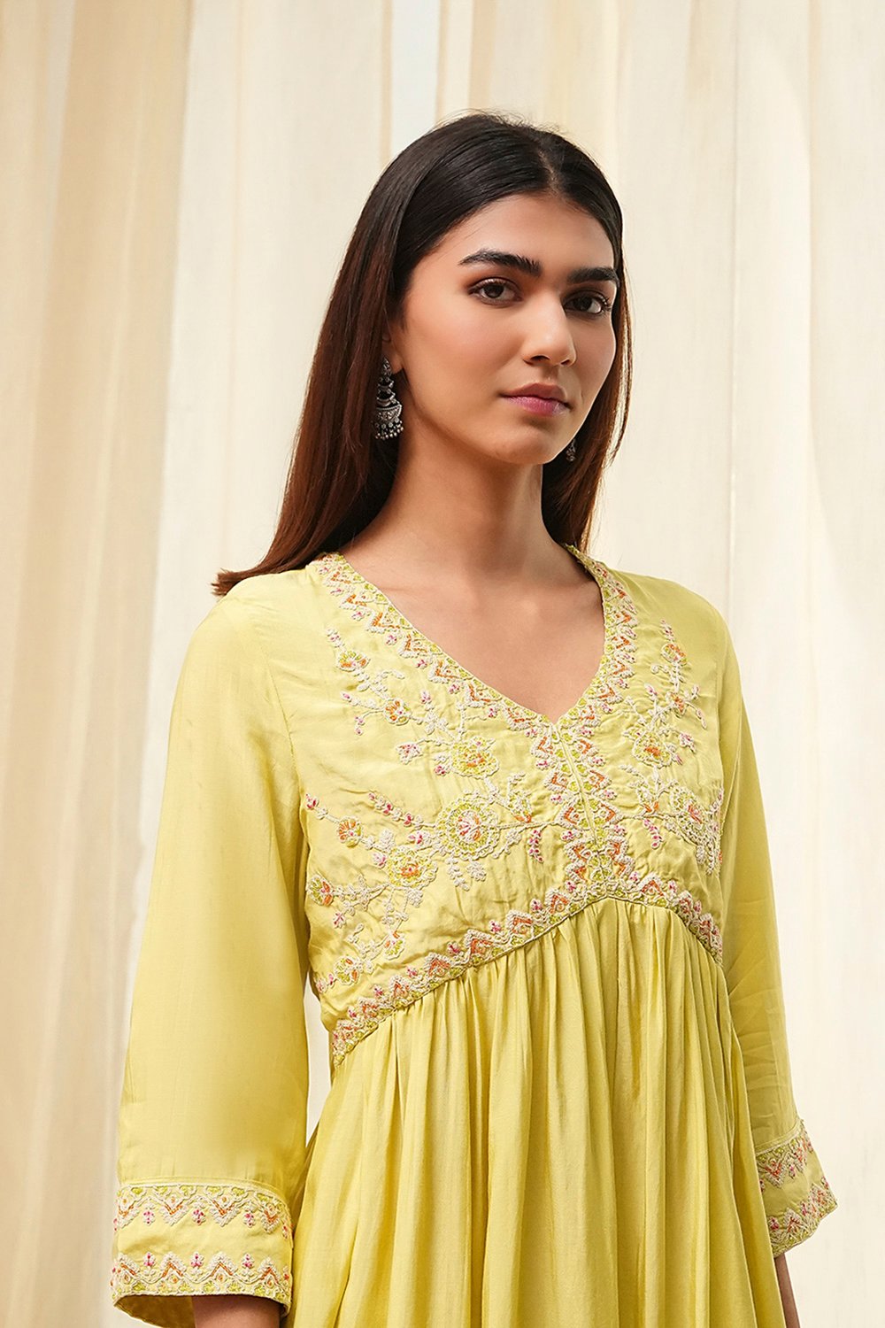 Lime Modal Blend Embroidered Gathered Suit Set image number 1