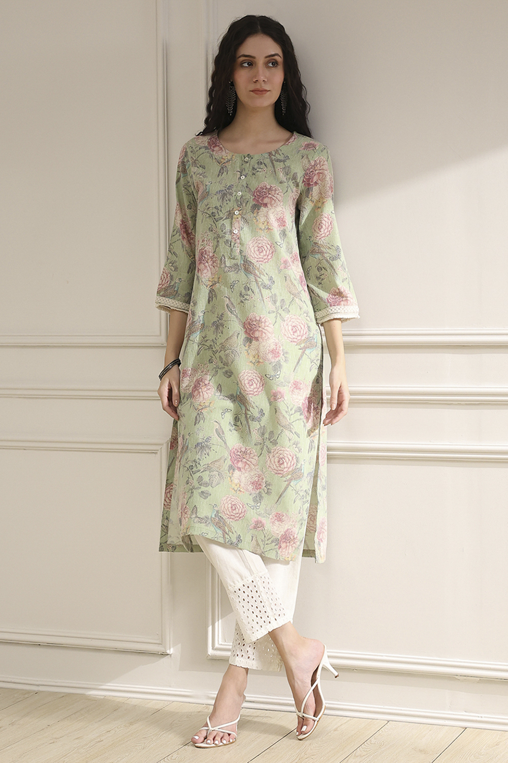 Yellow Cotton Blend Printed Straight Kurta image number 0