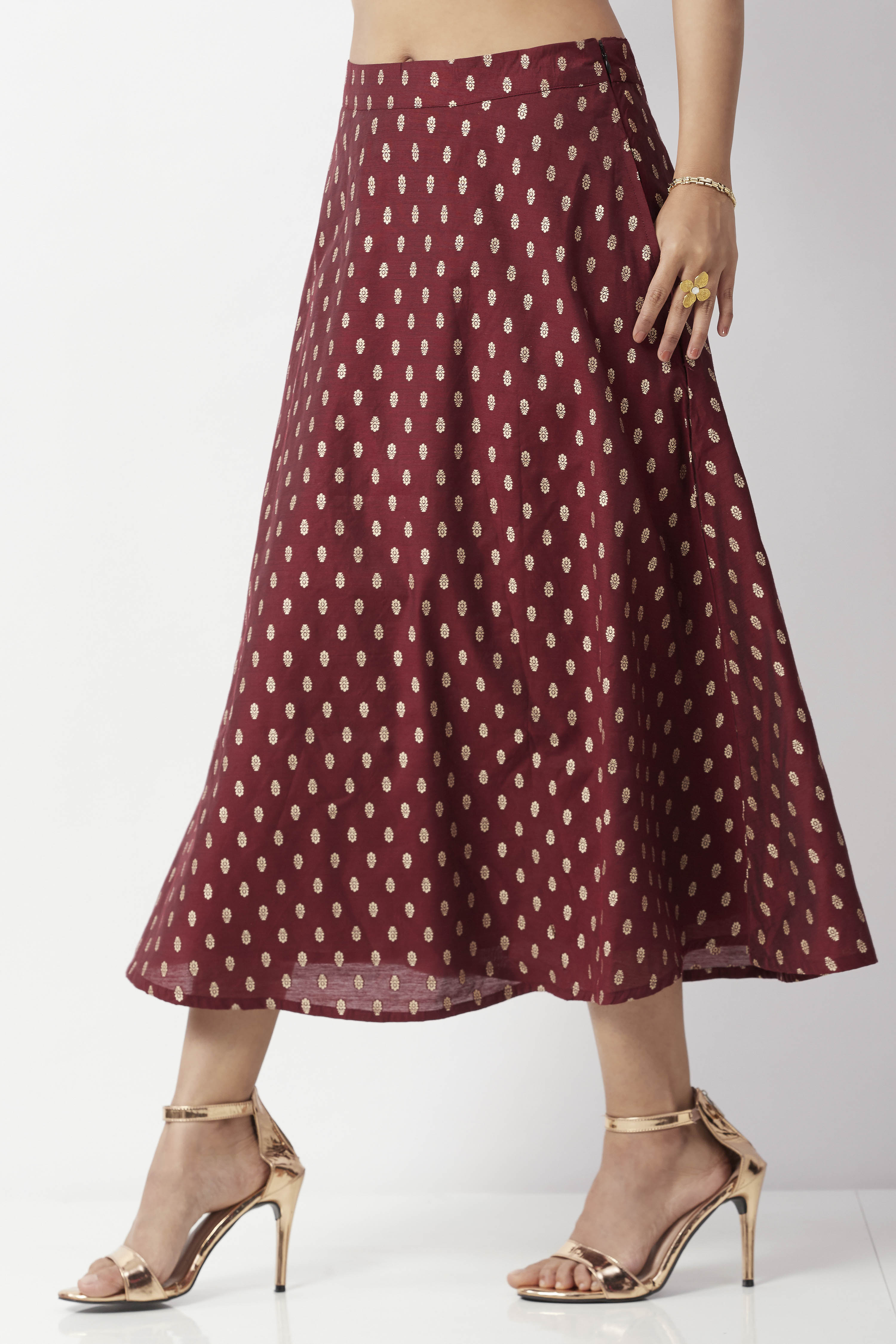 Maroon Art Silk Foil Printed Flared Skirt image number 3