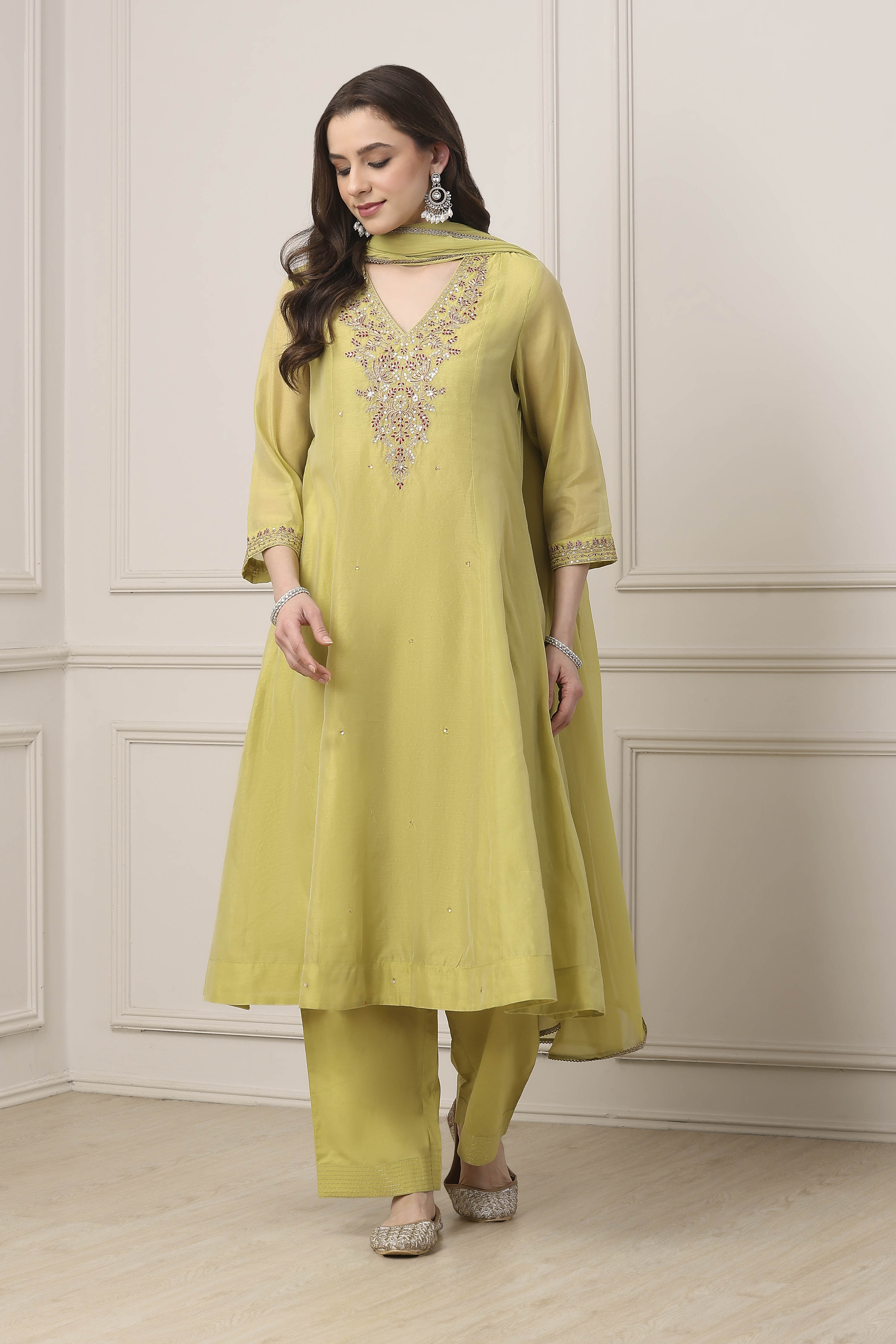 Green Poly Chanderi Sequined Kalidar Suit Set image number 6