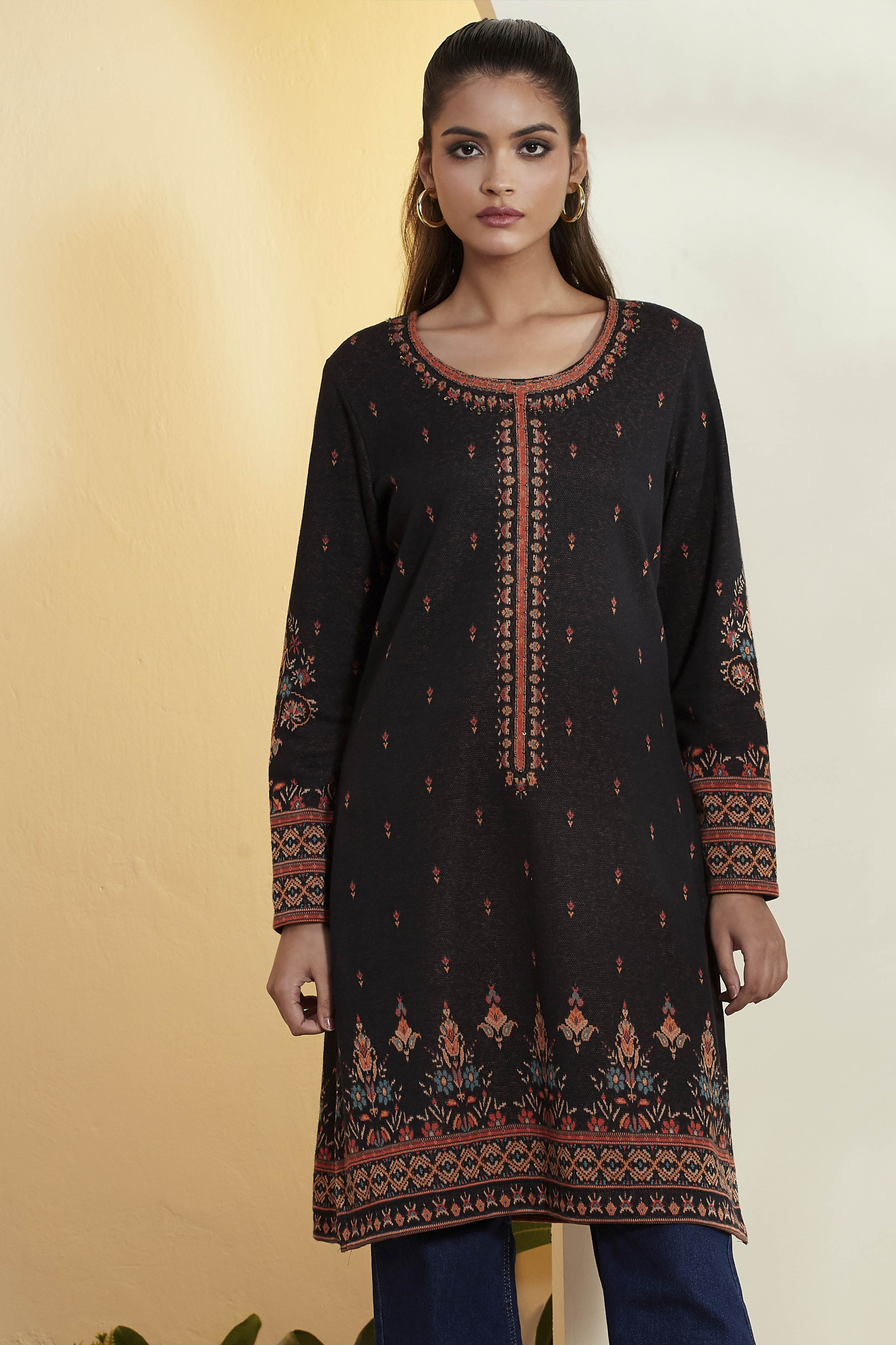 Black Multi-Motif Printed Straight Kurta image number 6