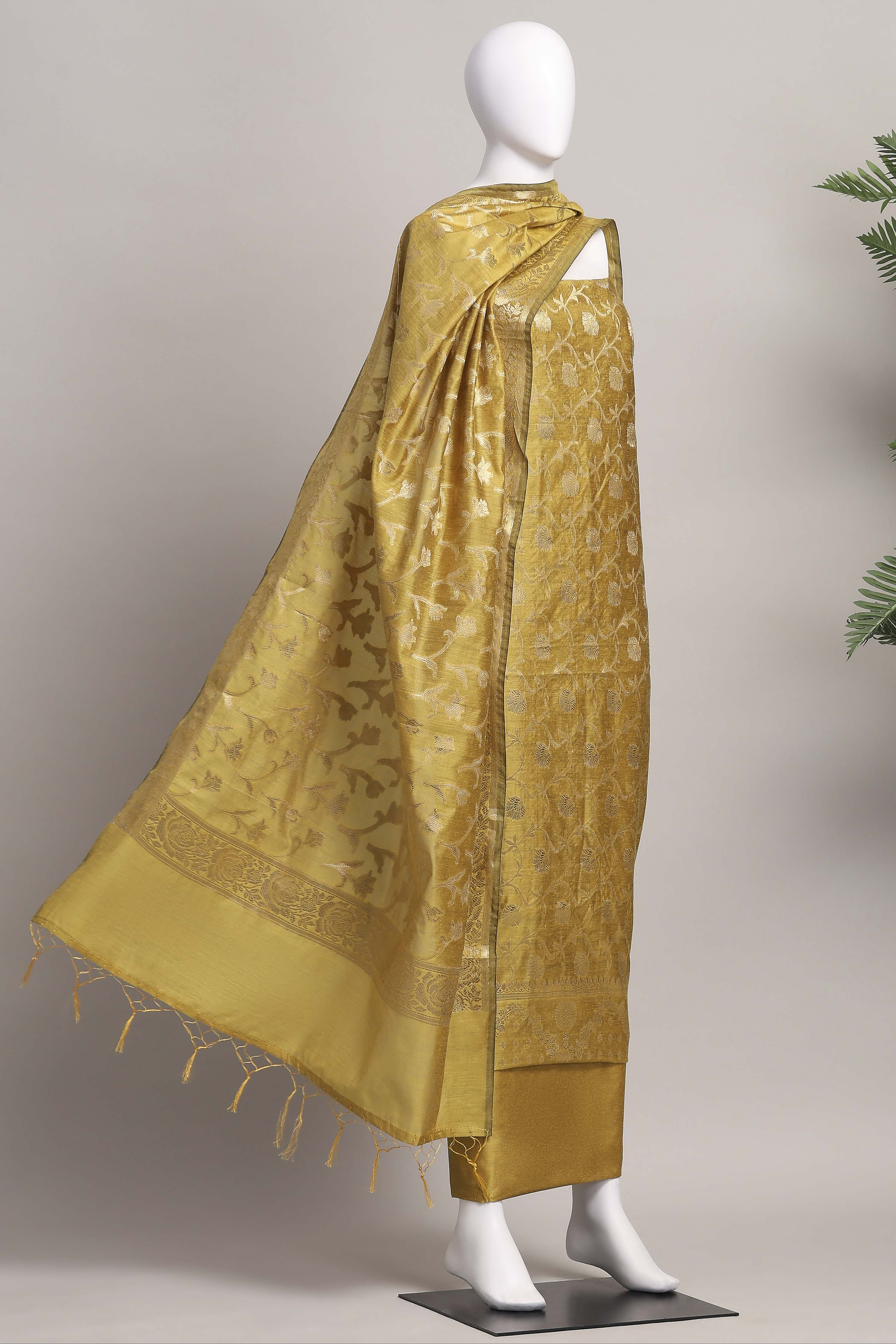 Rani Banarasi Chanderi Banarasi Print Unstitched Suit Set image number 4