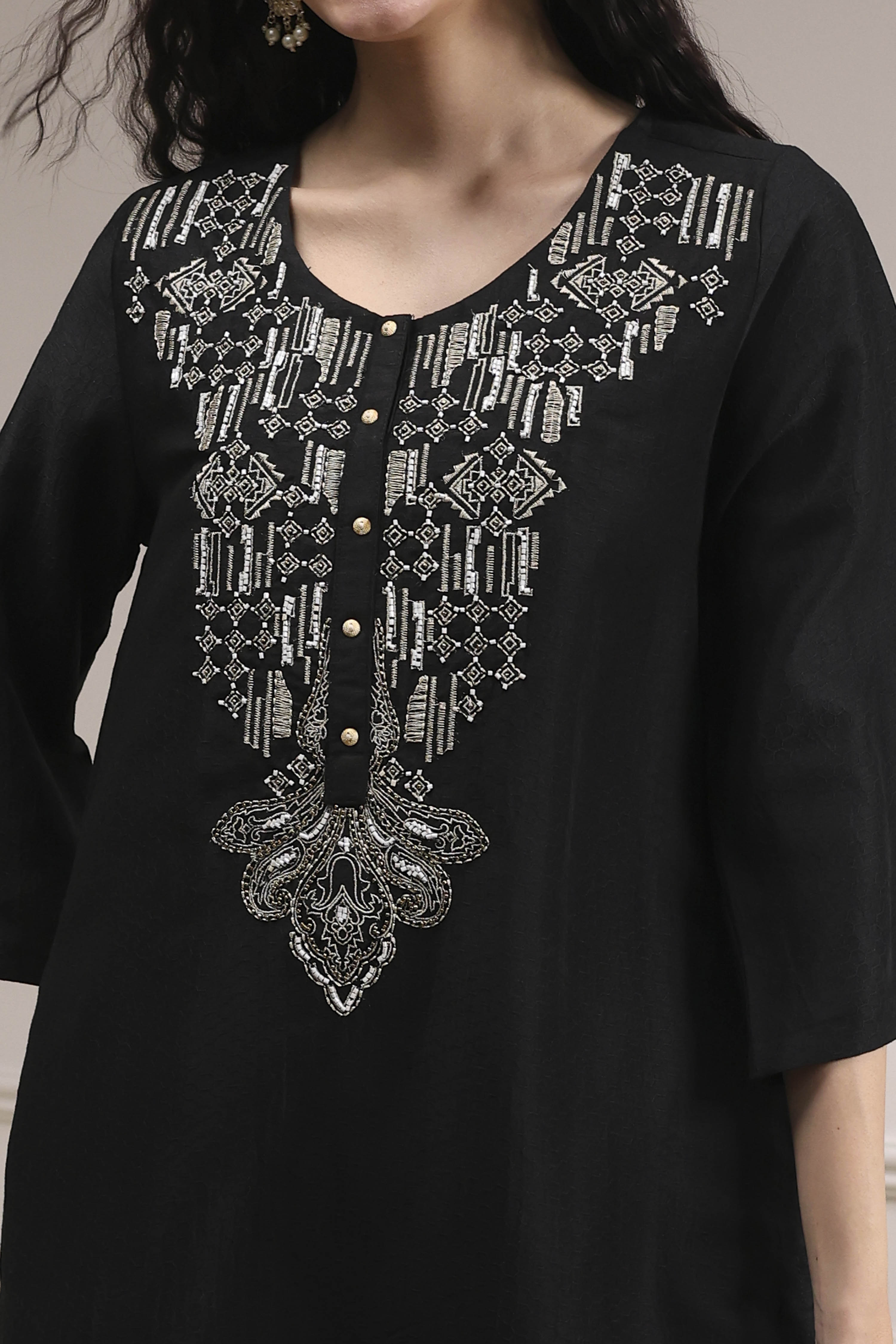 Black Textured Straight Kurta Pants Set image number 1