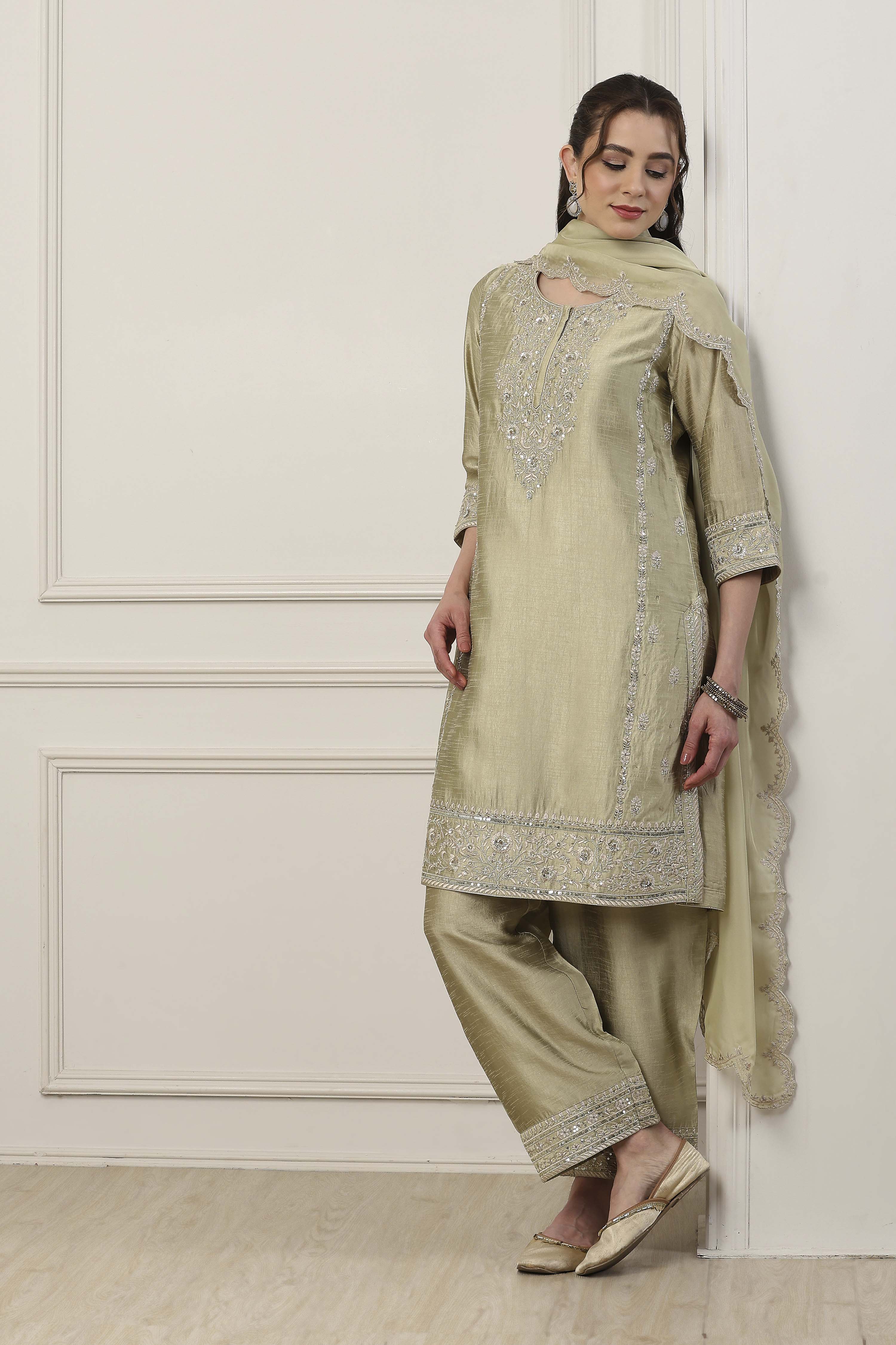 Green Poly Viscose Straight Suit Set image number 0