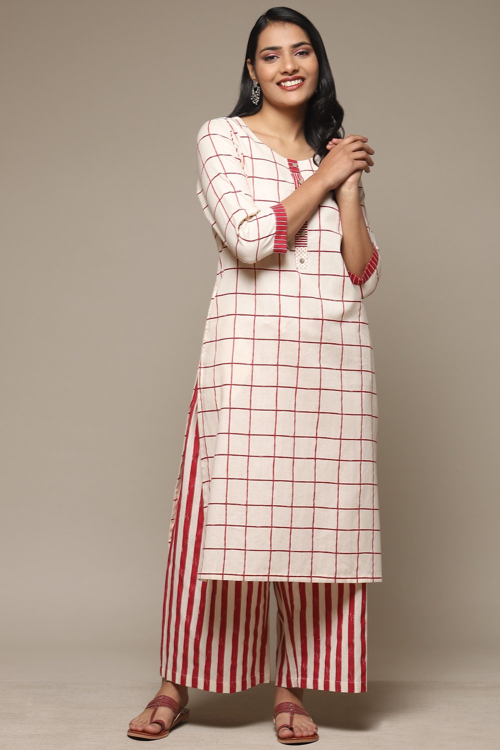 Natural & Blue Cotton Blend Straight Kurta Palazzo Suit Set image number 0