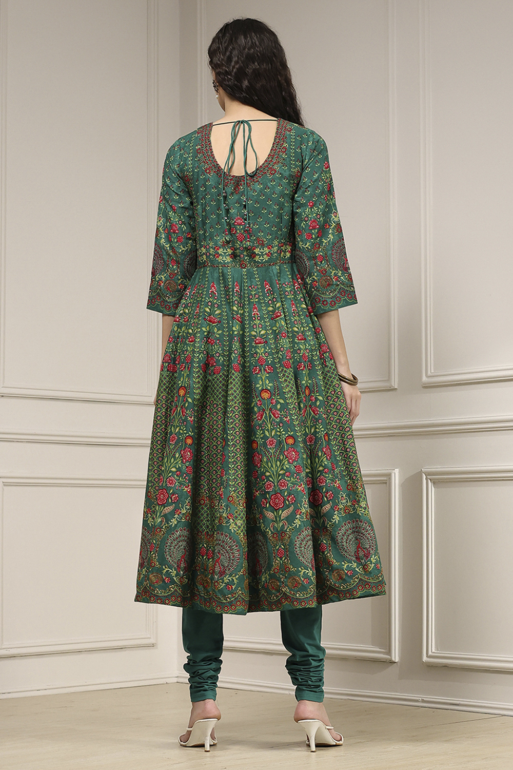 Off White Cotton Anarkali Printed Lehenga Set image number 4
