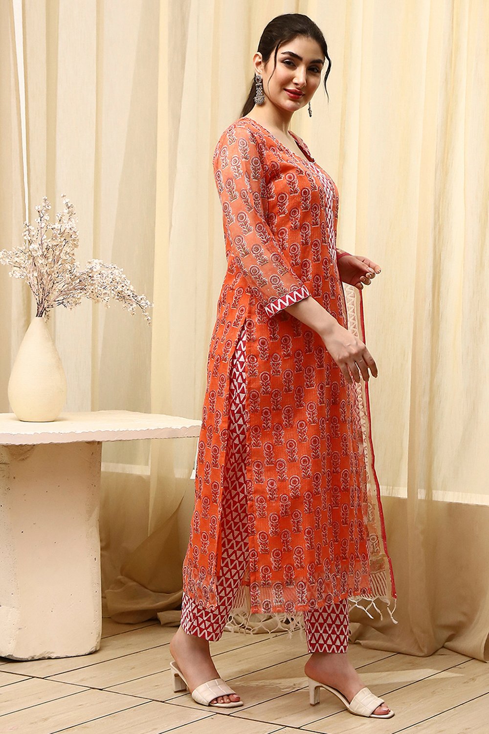 Yellow Cotton Hand Block Print Unstitched Suit Set image number 6