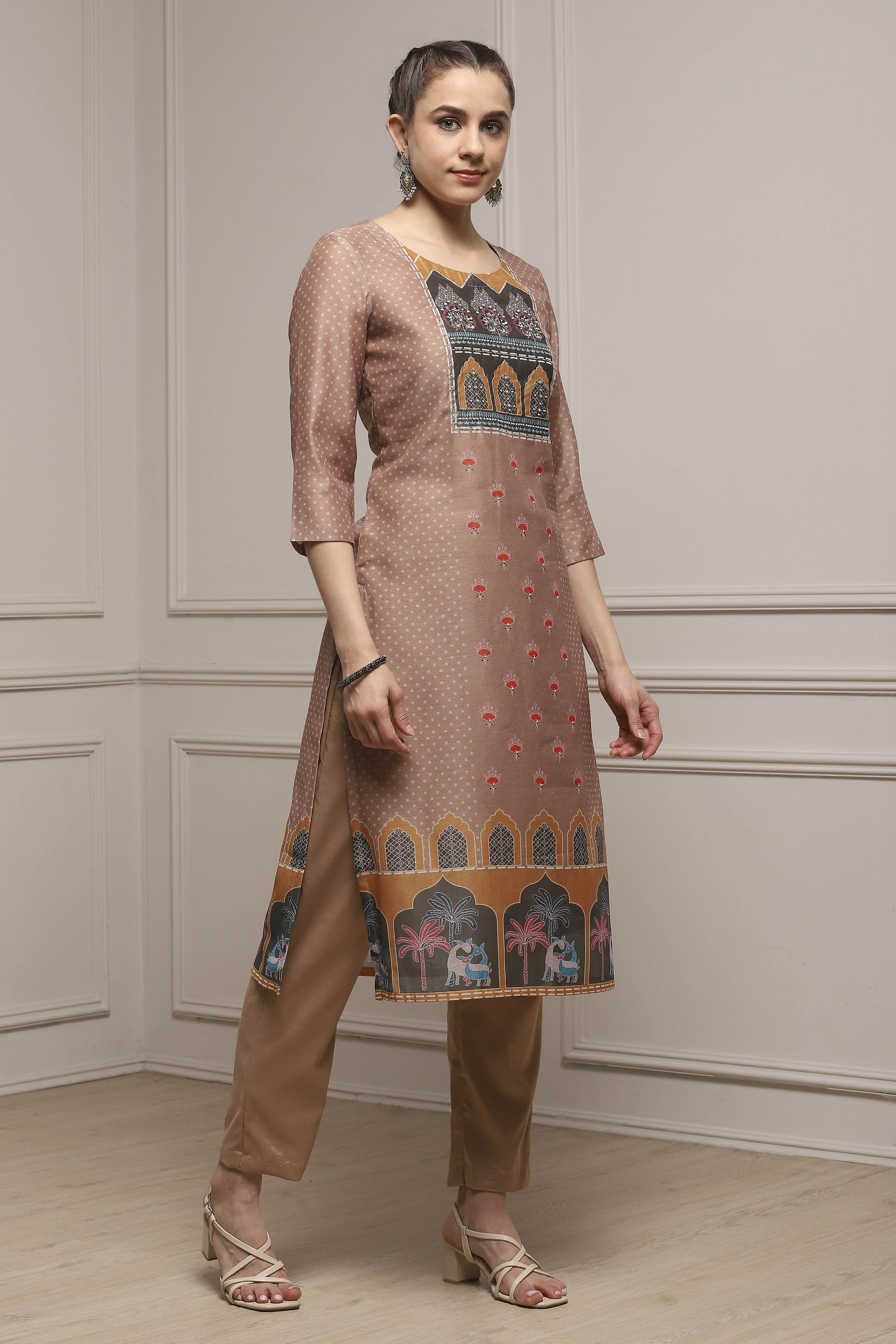 Brown Chanderi Blend Printed Embroidered Unstitched Suit Set image number 6