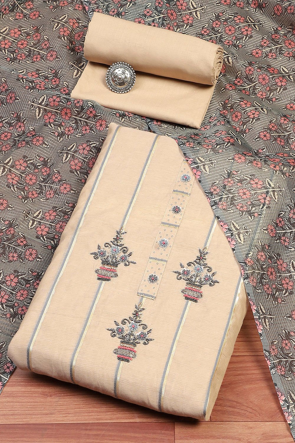 Beige Chanderi Unstitched Suit Set image number 0