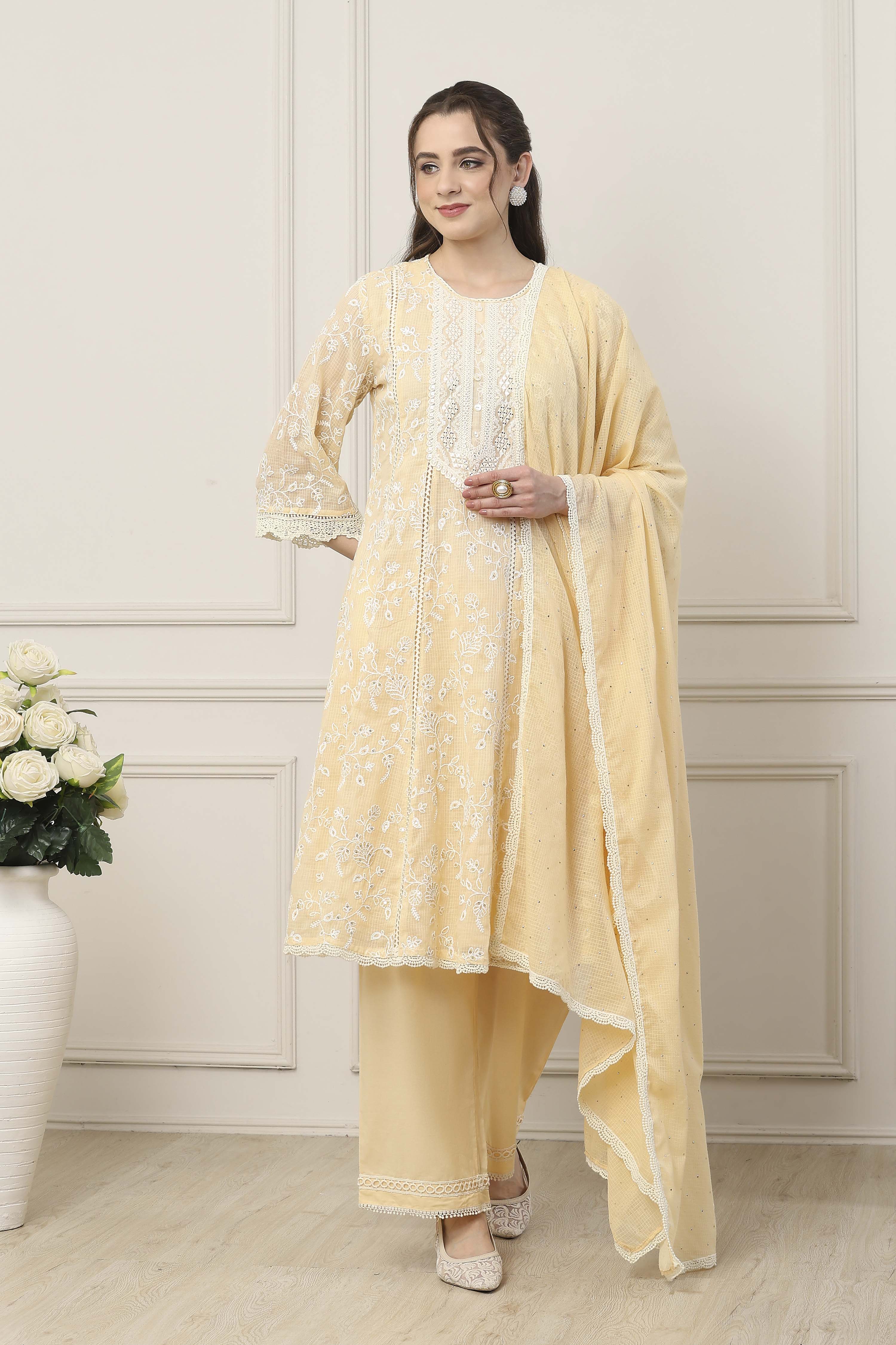 Beige Cotton Kalidar Suit Set image number 6