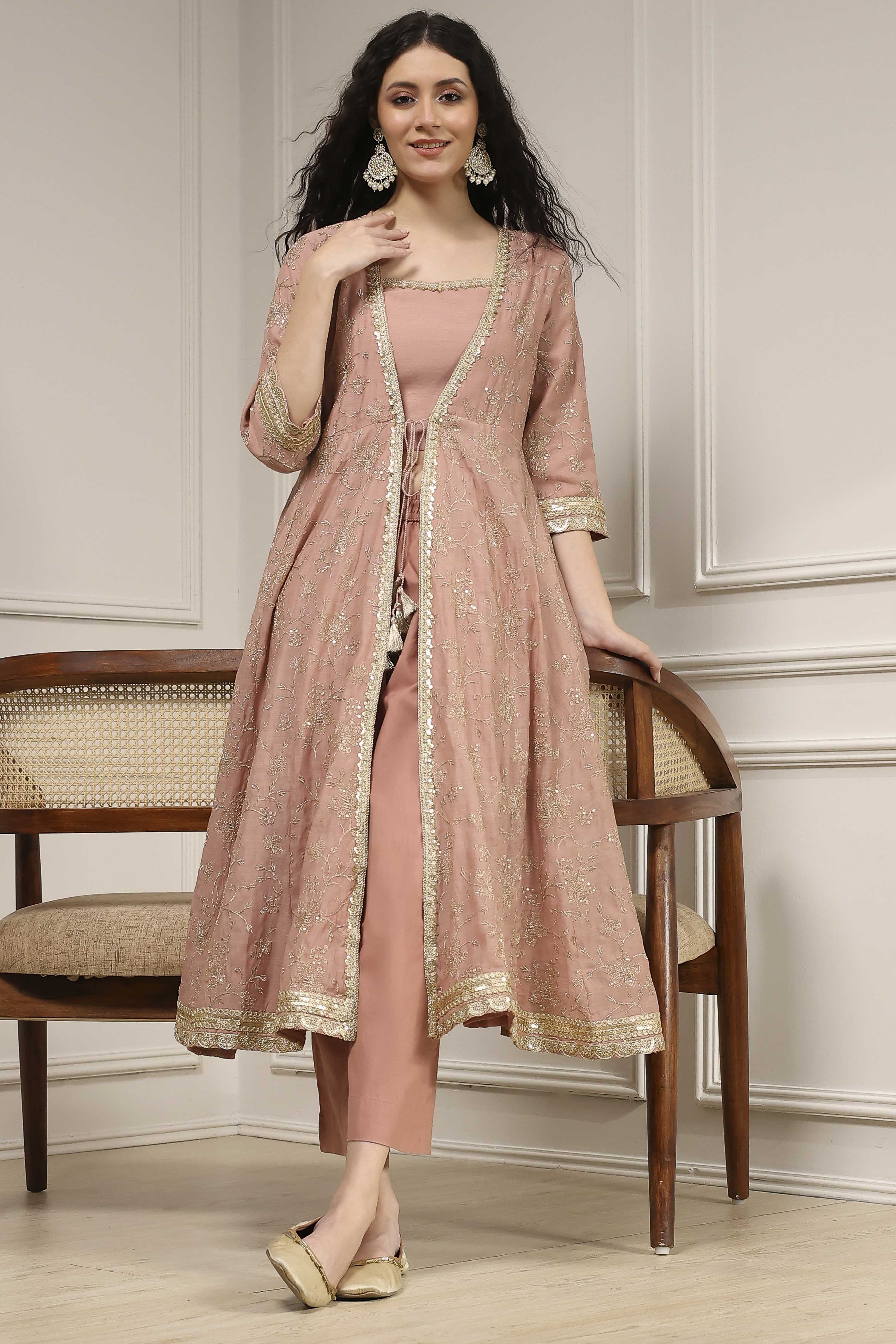 Natural White Embroidered Anarkali Fusion Set image number 0