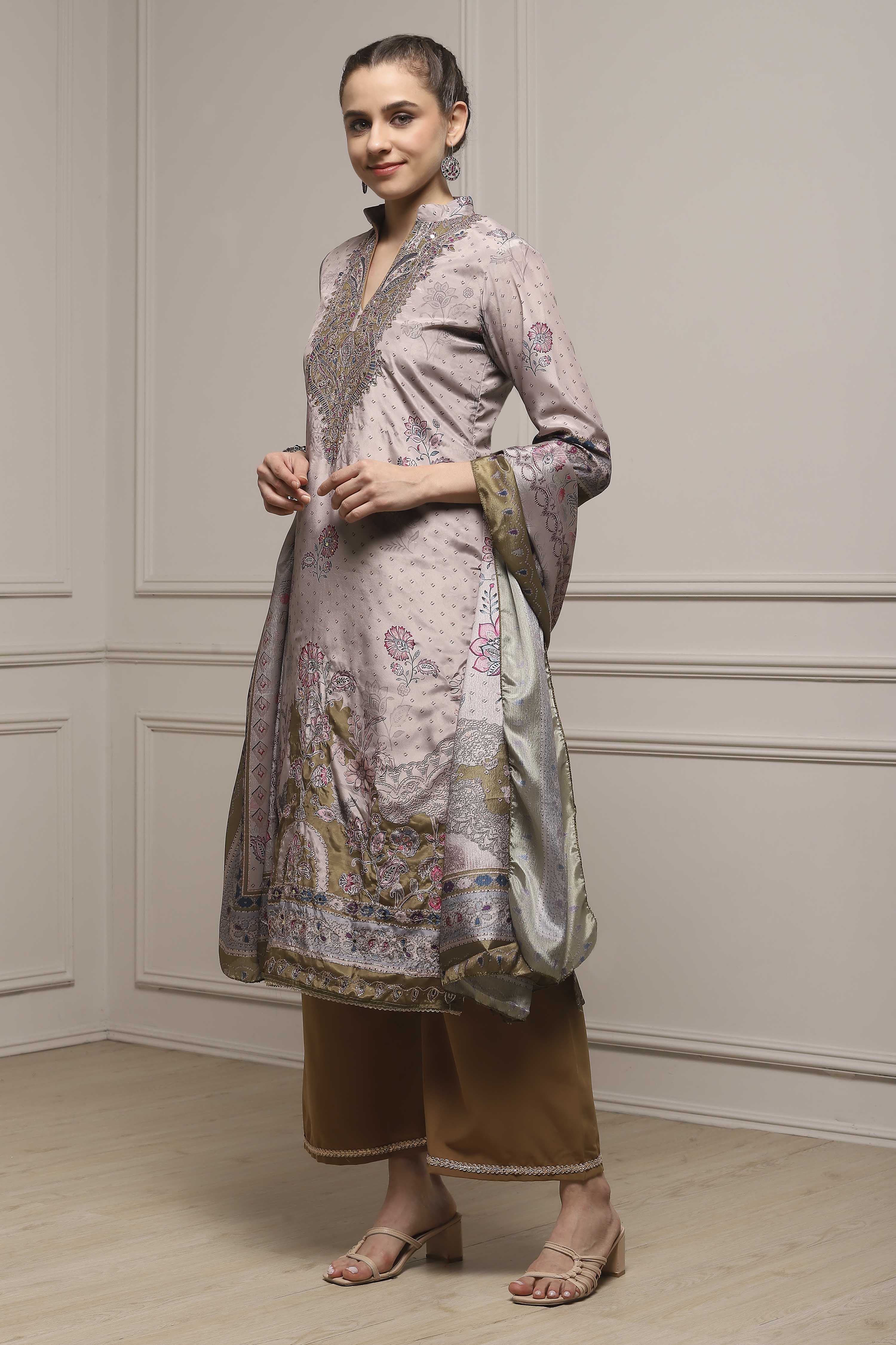 Brown Poly Crepe Digital Print Unstitched Suit Set image number 4