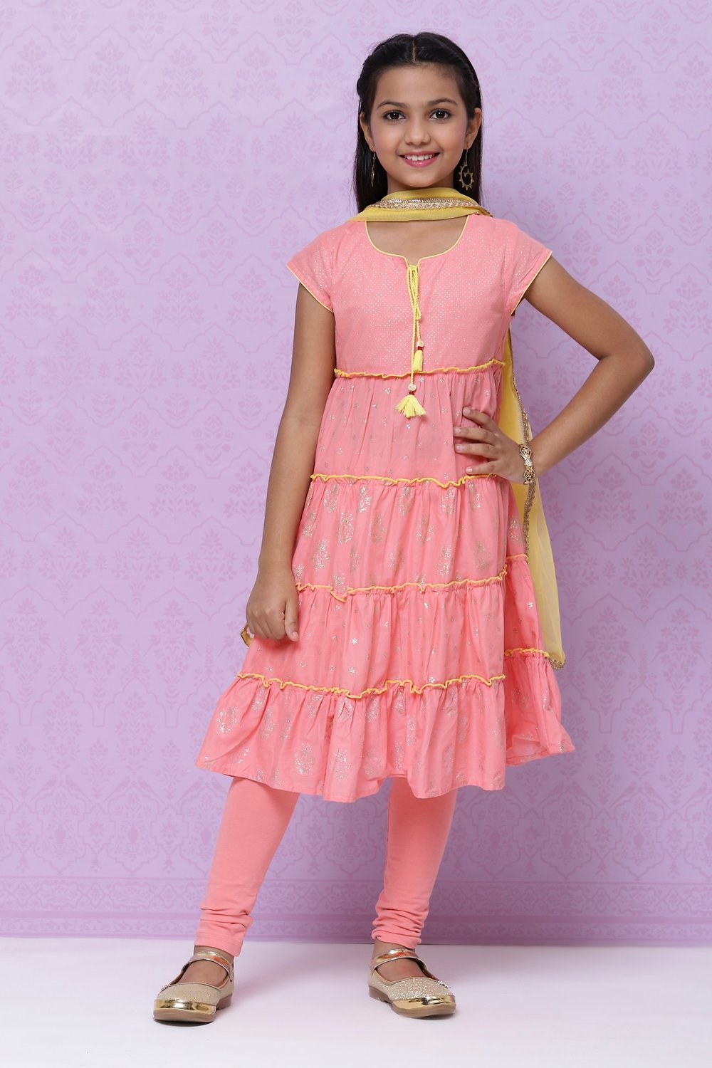 Peach Cotton Girls Tiered Kurta Churidar Suit Set image number 4