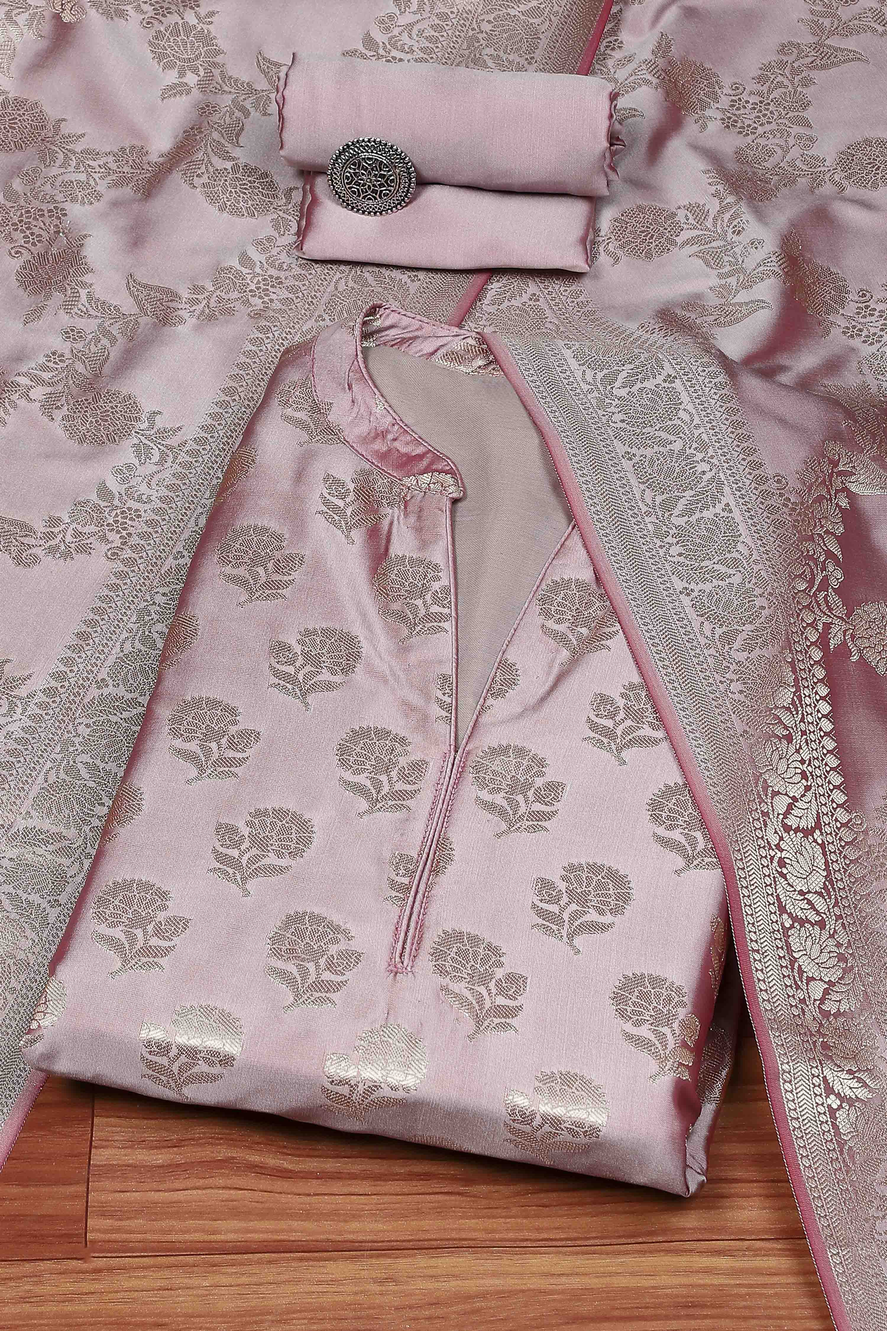 Purple Silk Blend Banarasi Unstitched Suit Set image number 0