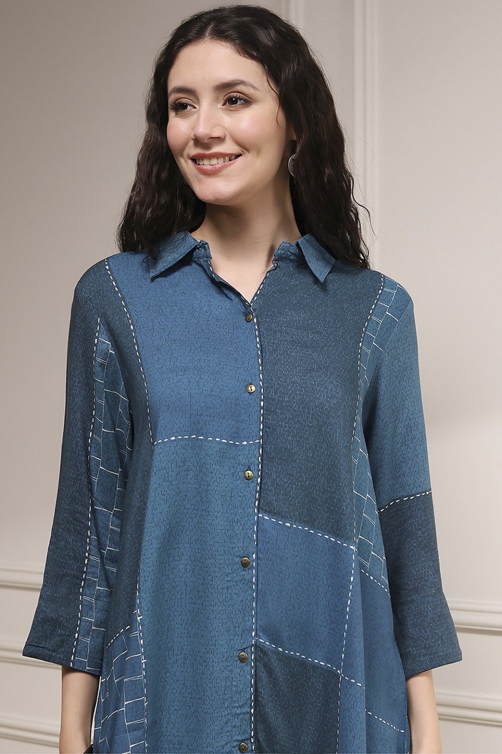 Blue Printed Straight Shirt image number 1