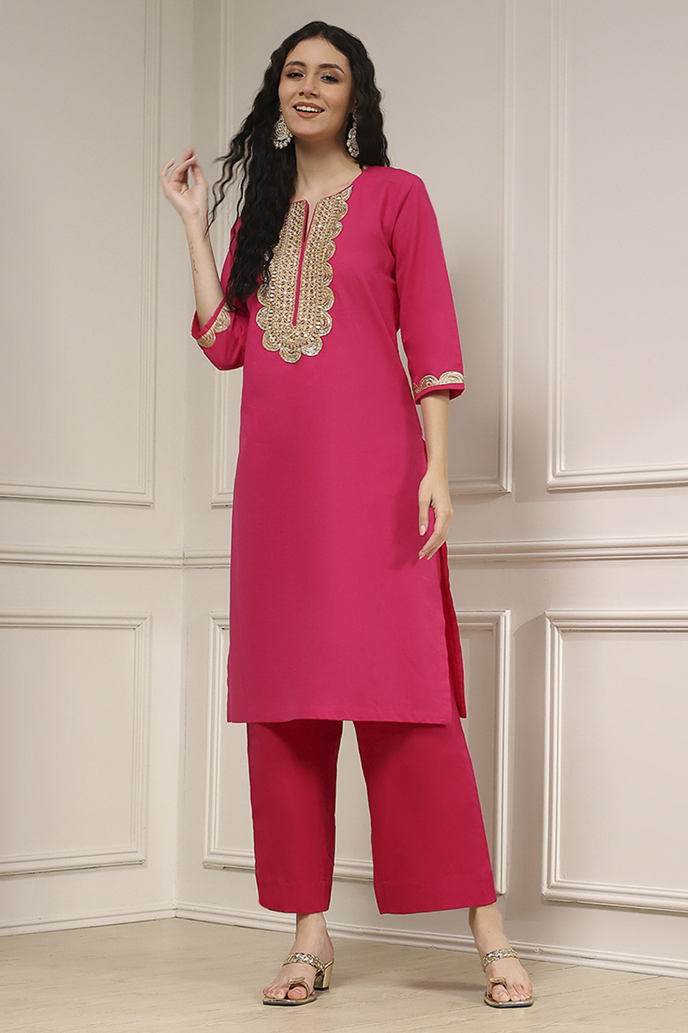 Fuchsia Cotton Straight Solid Kurta image number 6