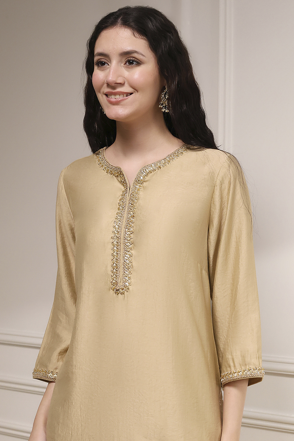 Beige Polyester Blend Straight Solid Kurta image number 1
