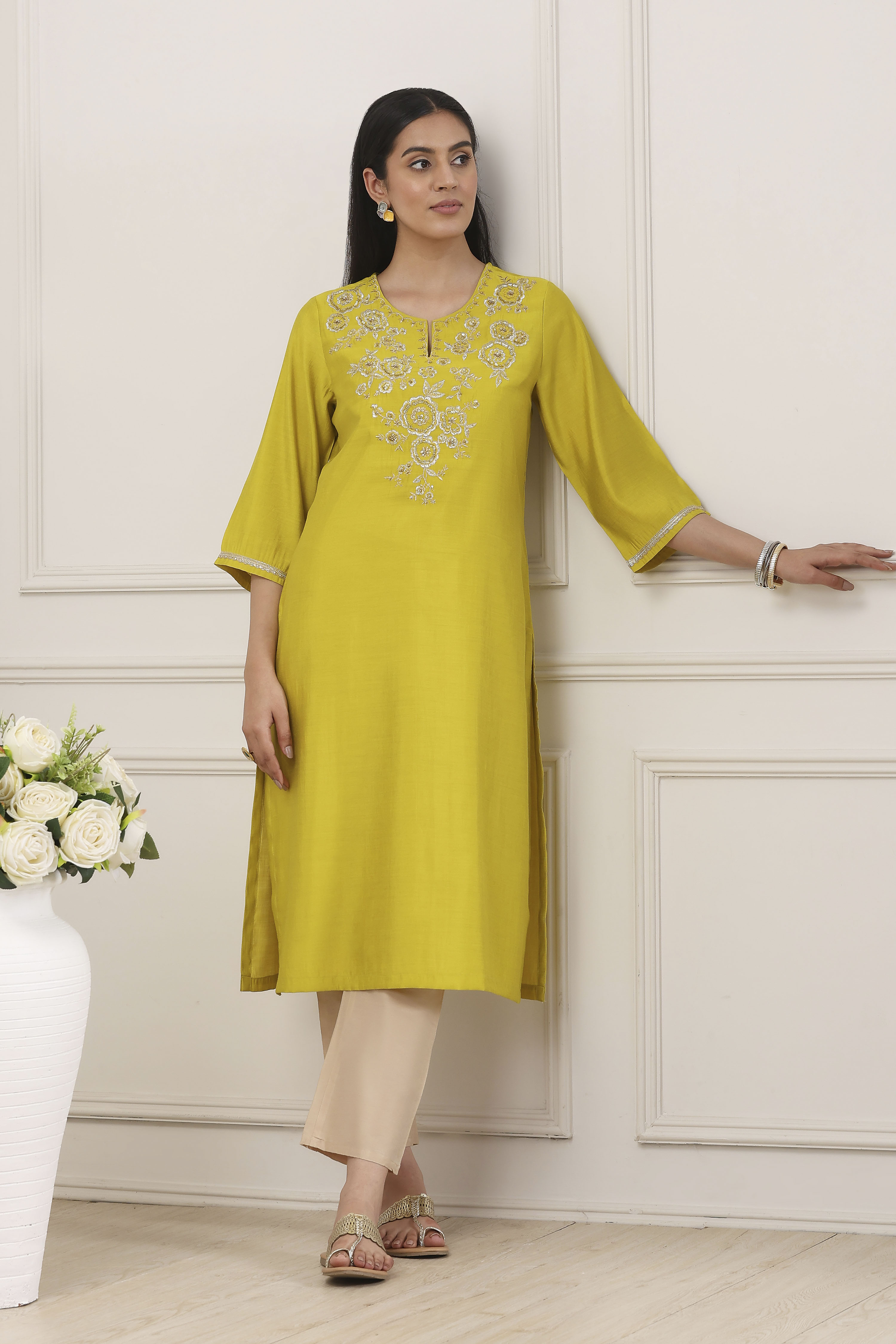 Lime Viscose Blend Straight Kurta image number 0