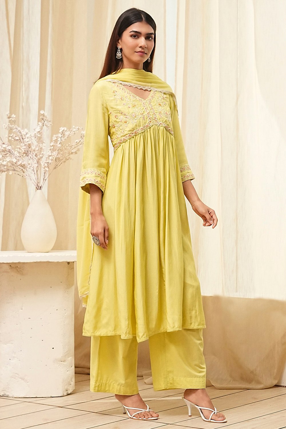 Lime Modal Blend Embroidered Gathered Suit Set image number 5