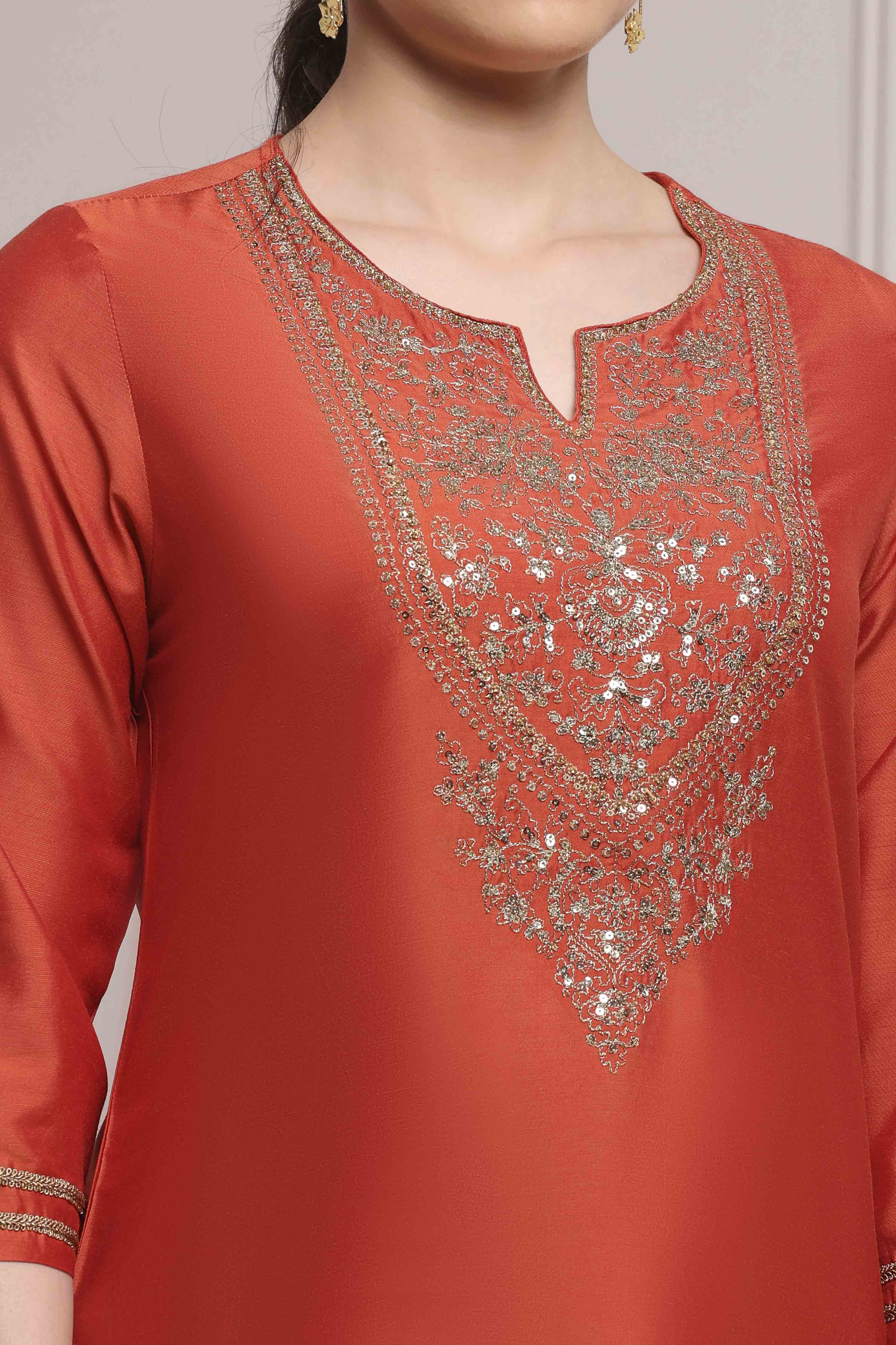 Burnt Orange Viscose Blend Solid Straight Kurta image number 1