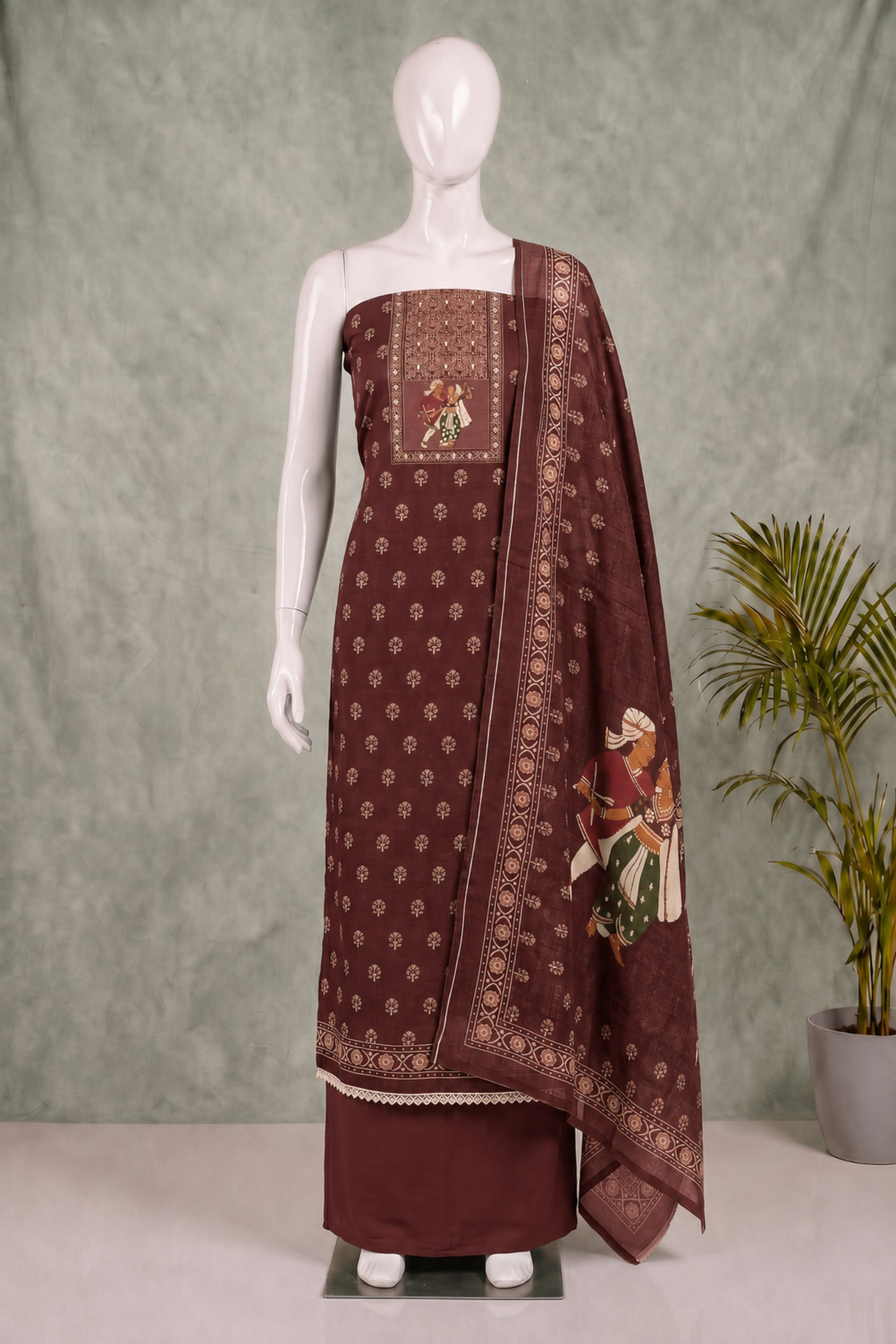 Brown Linen Printed Unstitched Suit Set image number 4