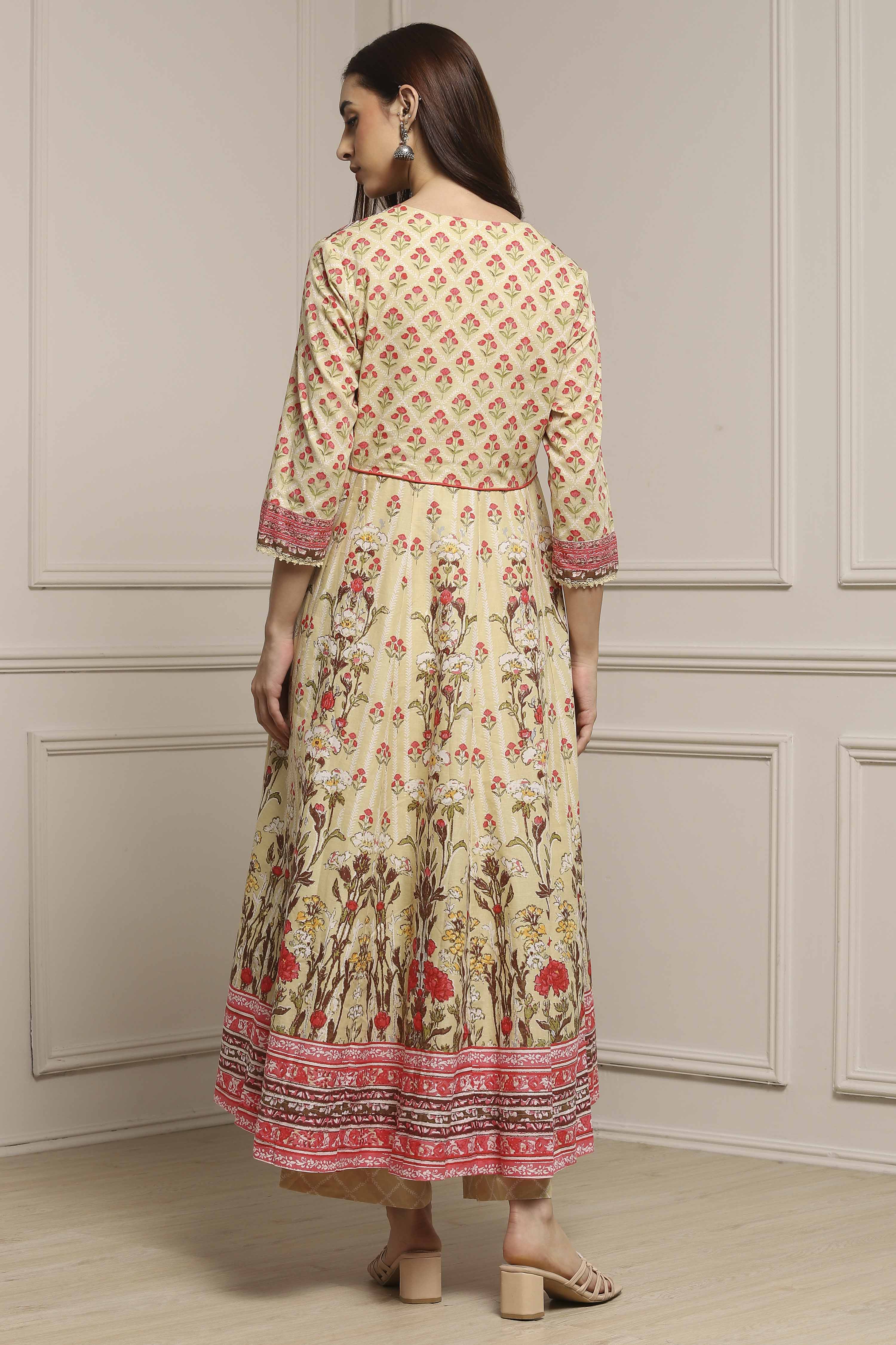 Off White-Pink Cotton Anarkali Printed Suit Set image number 4