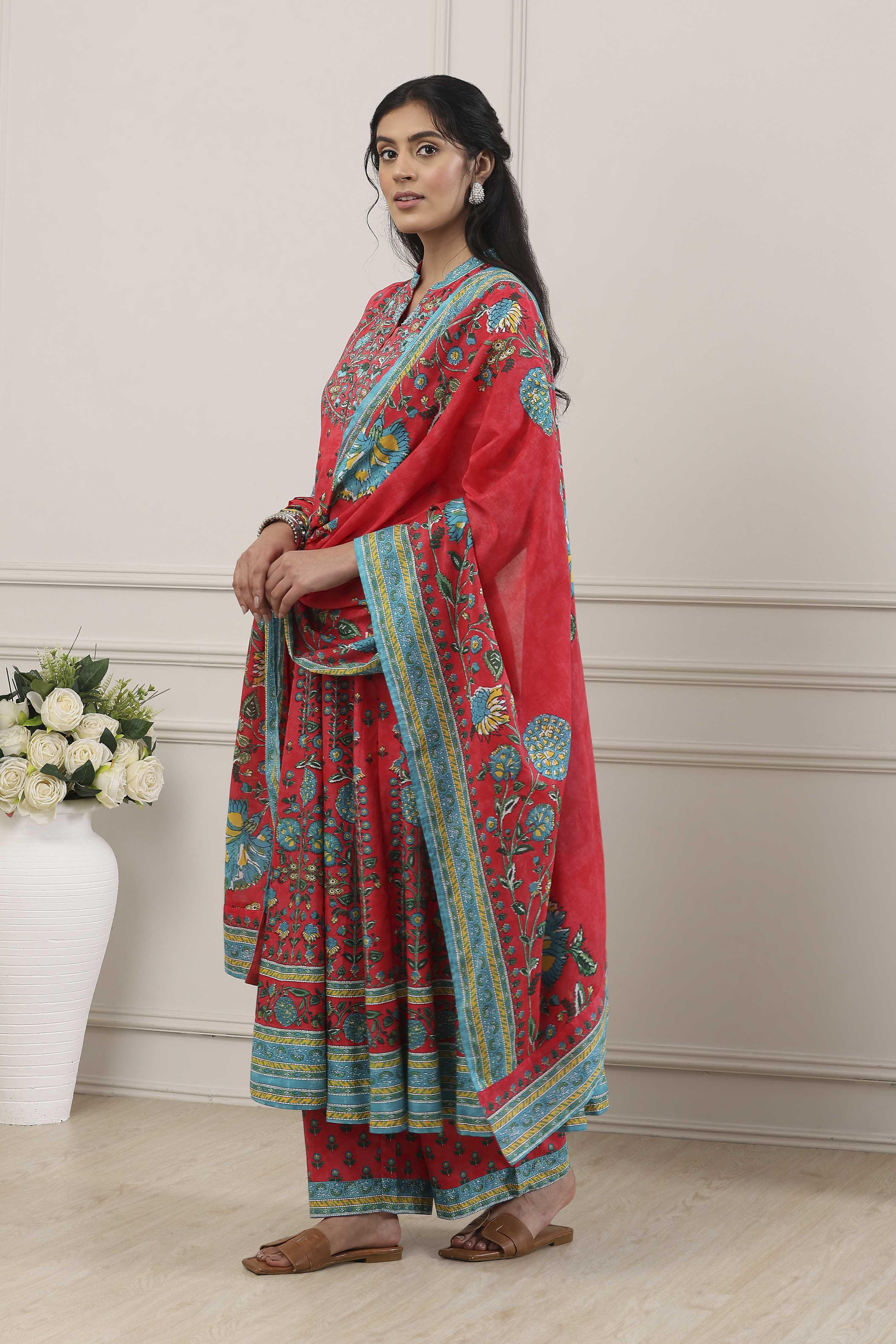 Cream-Toned Cotton Printed Kalidar Suit Set image number 3