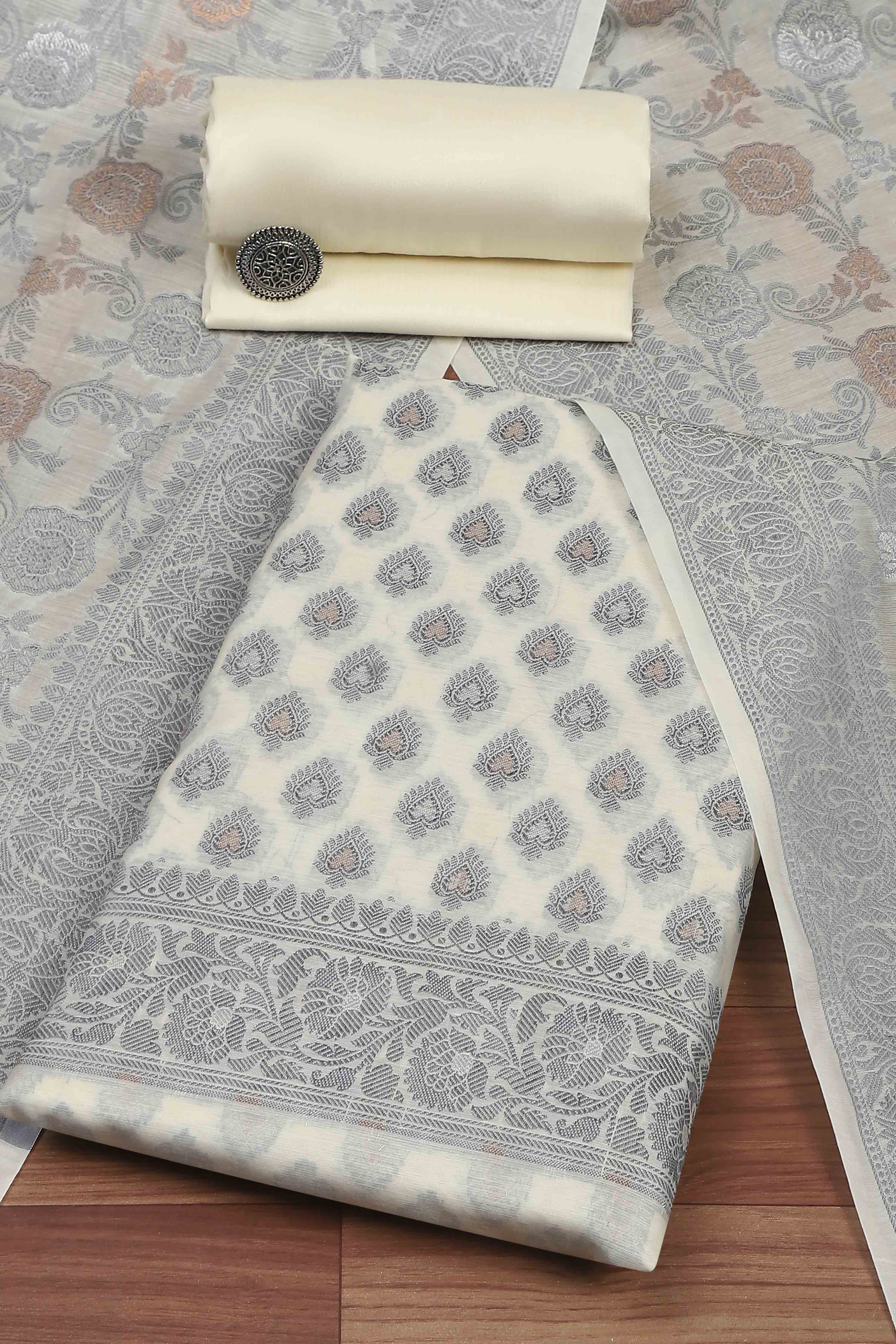 Beige Cotton Printed Embroidered Unstitched Suit Set image number 0