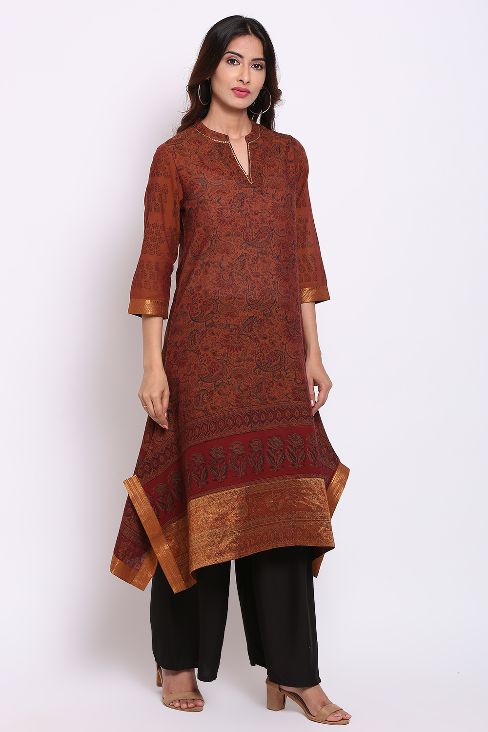 Brown Cotton Kalamkari Printed Kurta image number 4