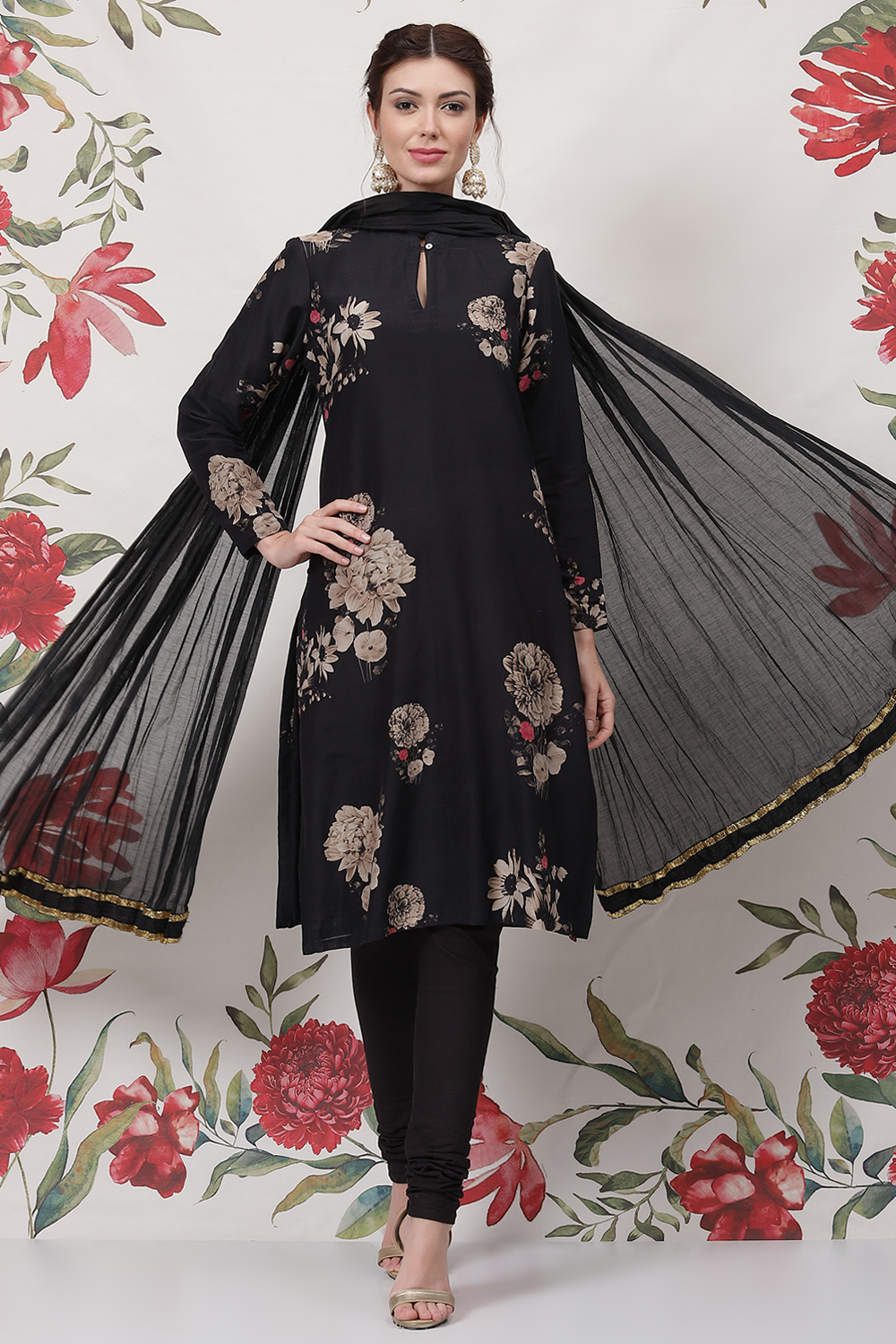 Black Silk & Cotton Straight Kurta Suit Set image number 0