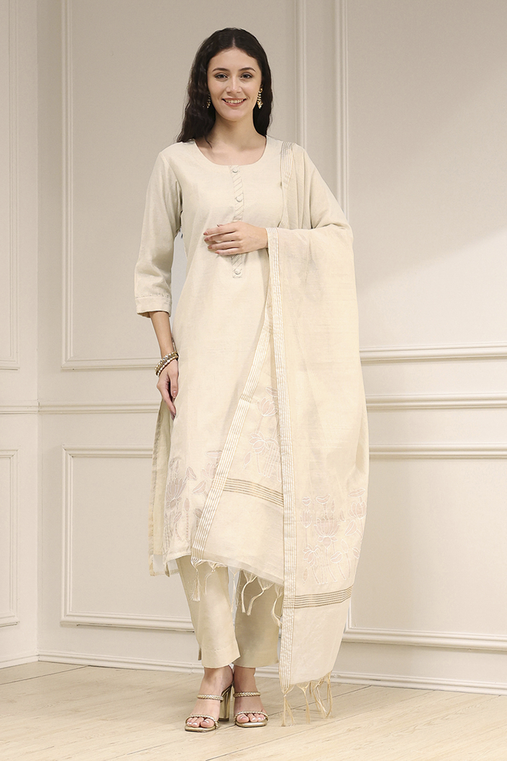 White Tissue Applique Unstitched Suit Set image number 1
