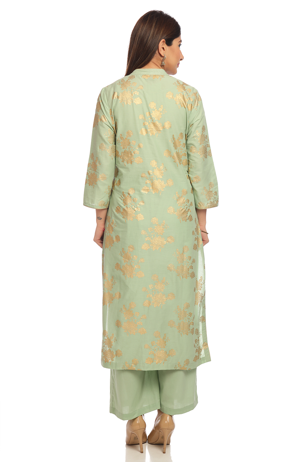 Pista Green Straight Cotton Kurta Palazzo Suit Set image number 4
