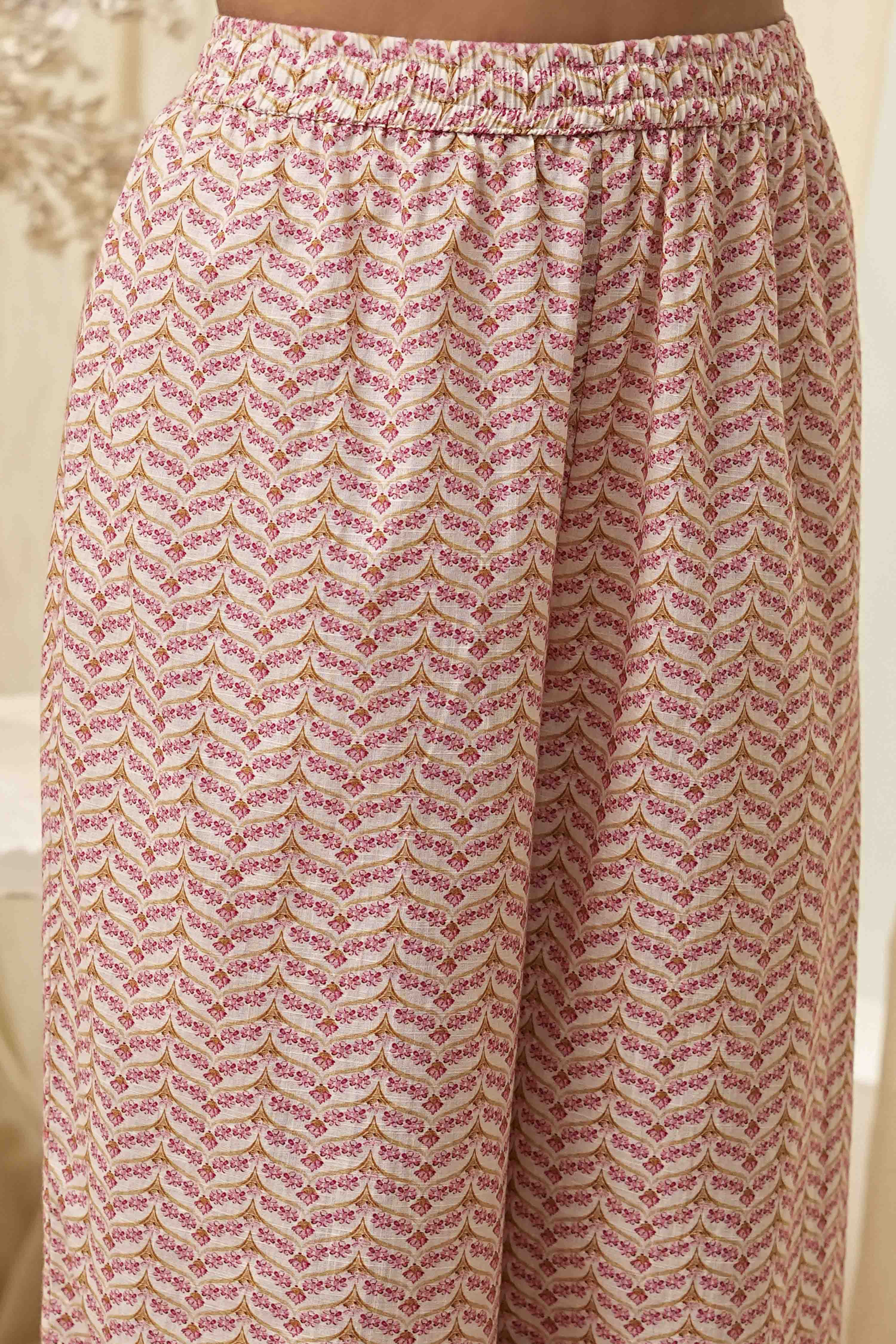 Off-White and Pink Cotton Straight Kurta Set image number 2