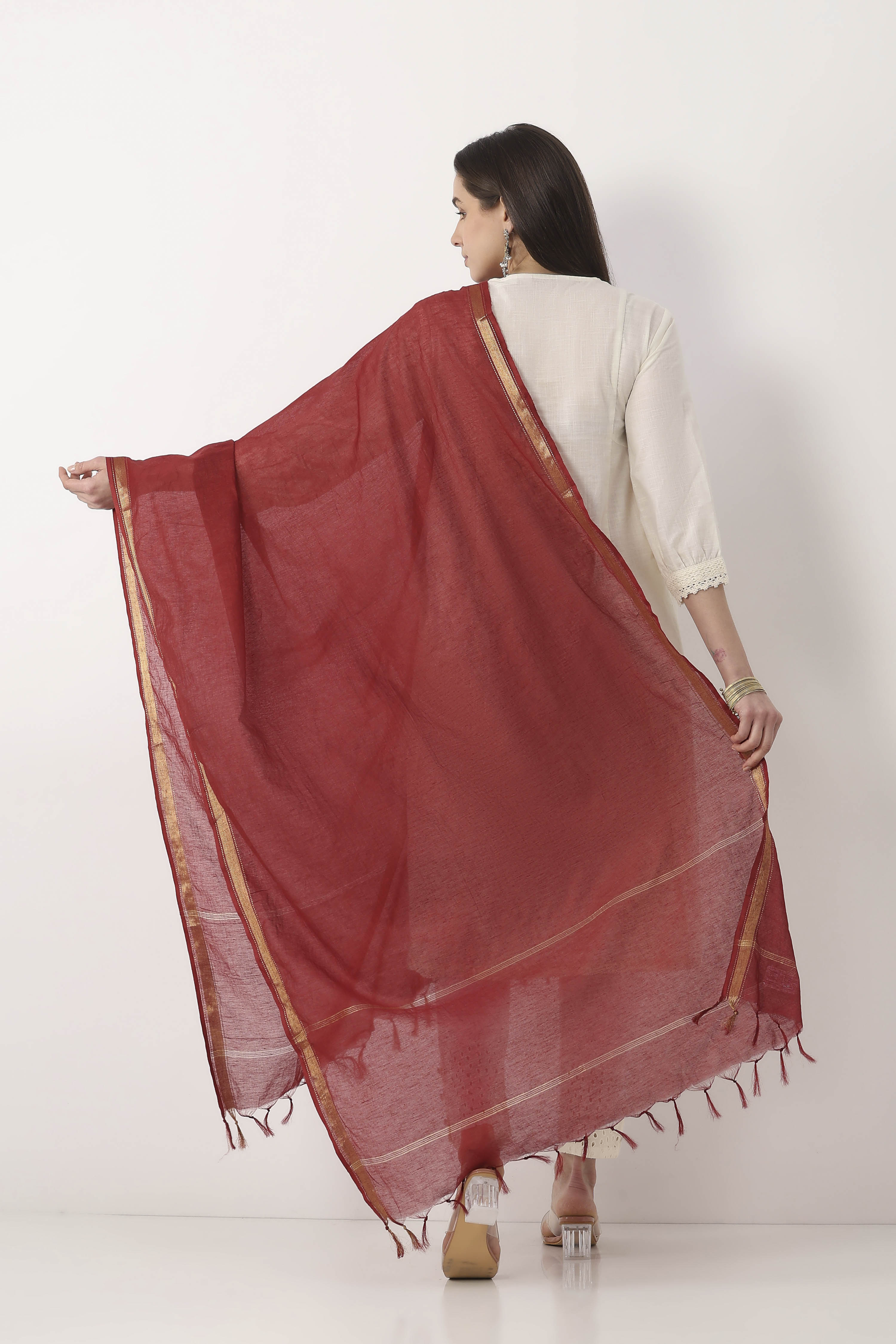 Maroon White Nylon Cotton Dupatta image number 2