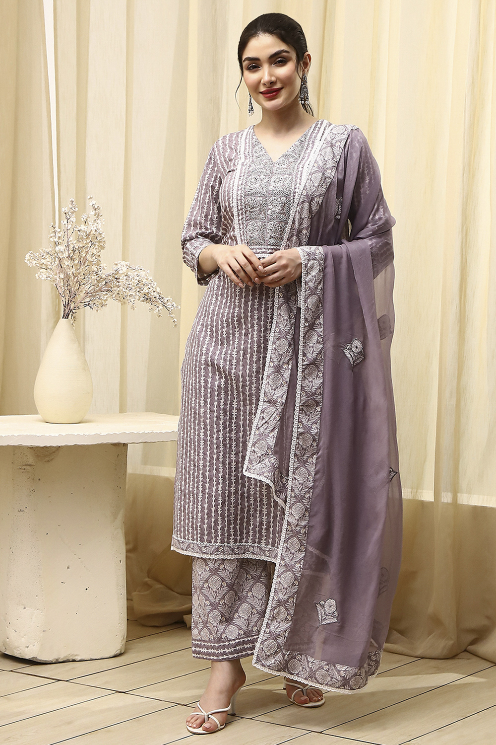 Grey Cotton Printed Unstitched Suit Set image number 1