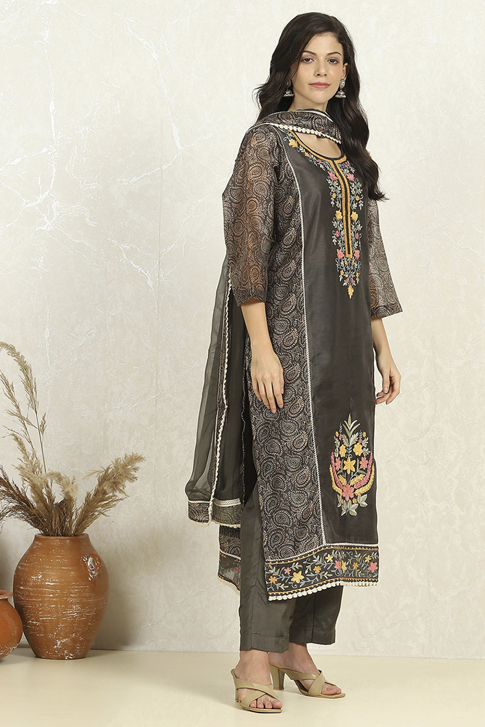Teal Chanderi Unstitched Suit Set image number 6