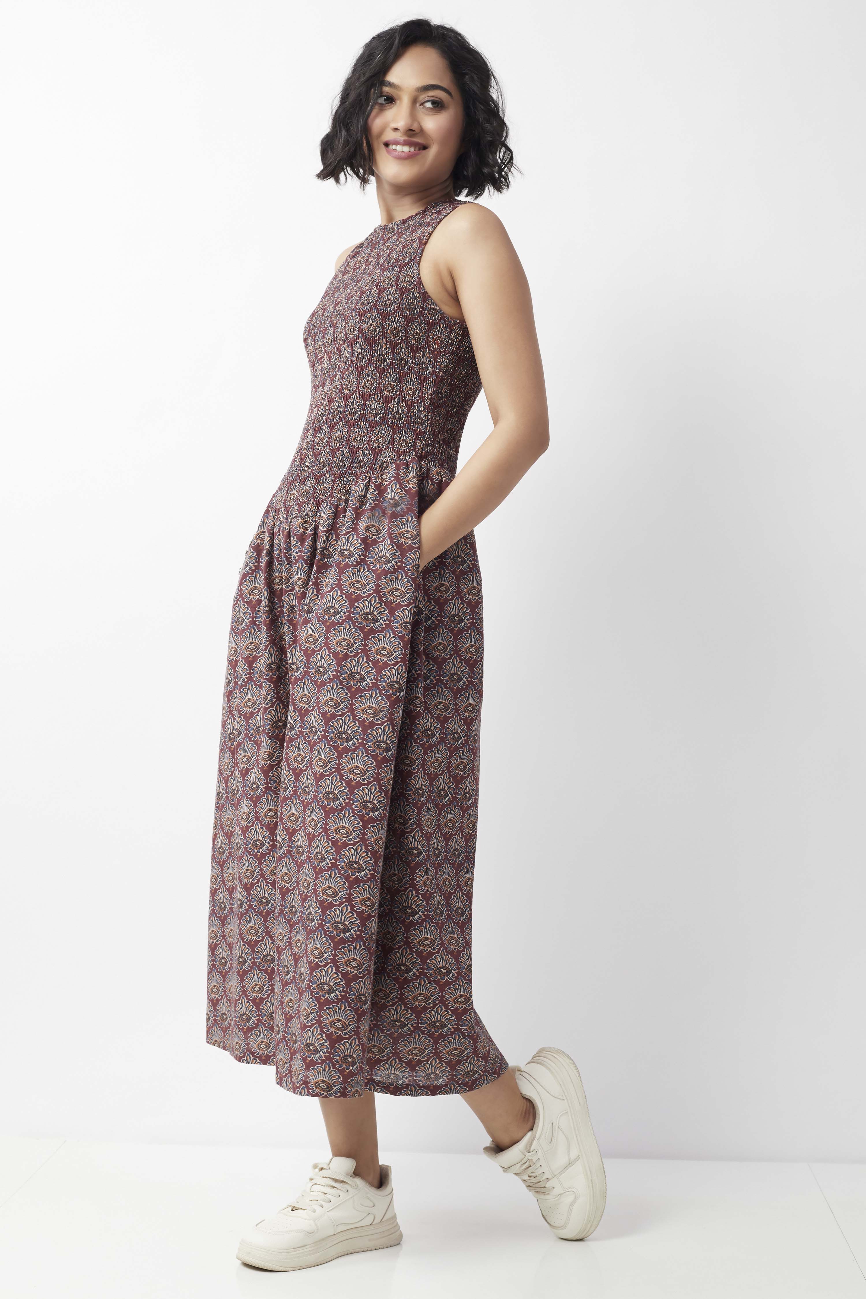 Maroon Cotton Printed Smocked Dress image number 3