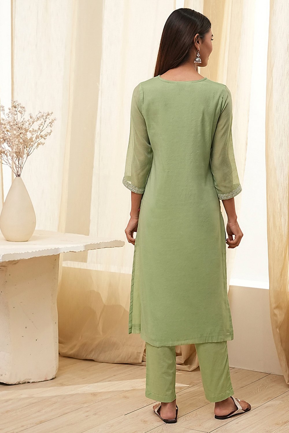 Aqua Embroidered Straight Suit Set image number 4