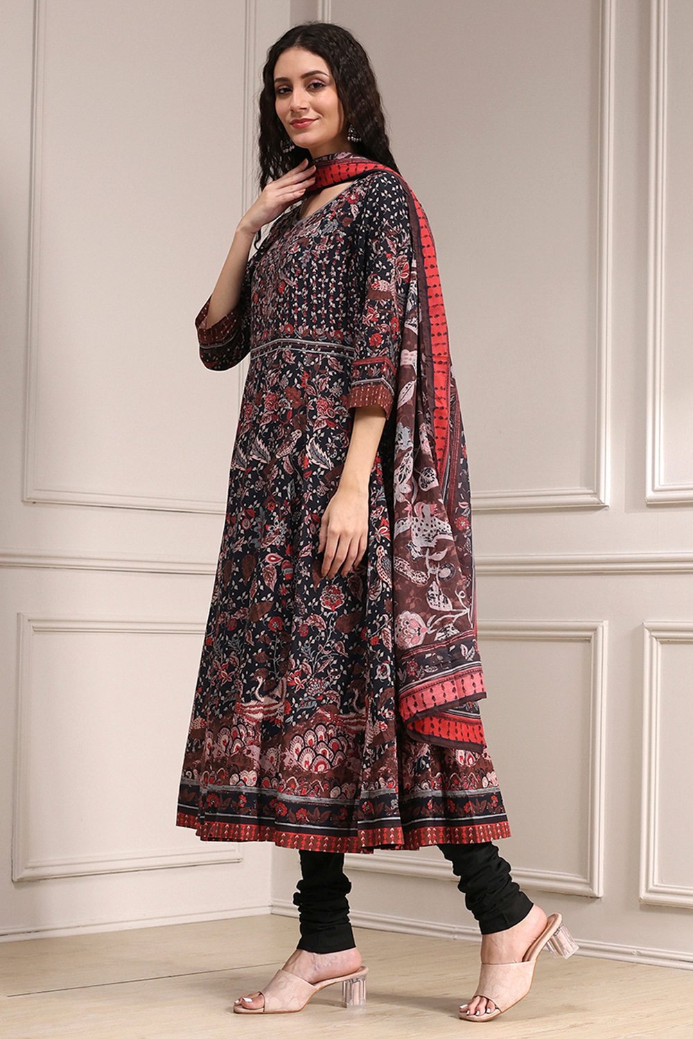Black Cotton Fitted Anarkali Suit Set image number 3